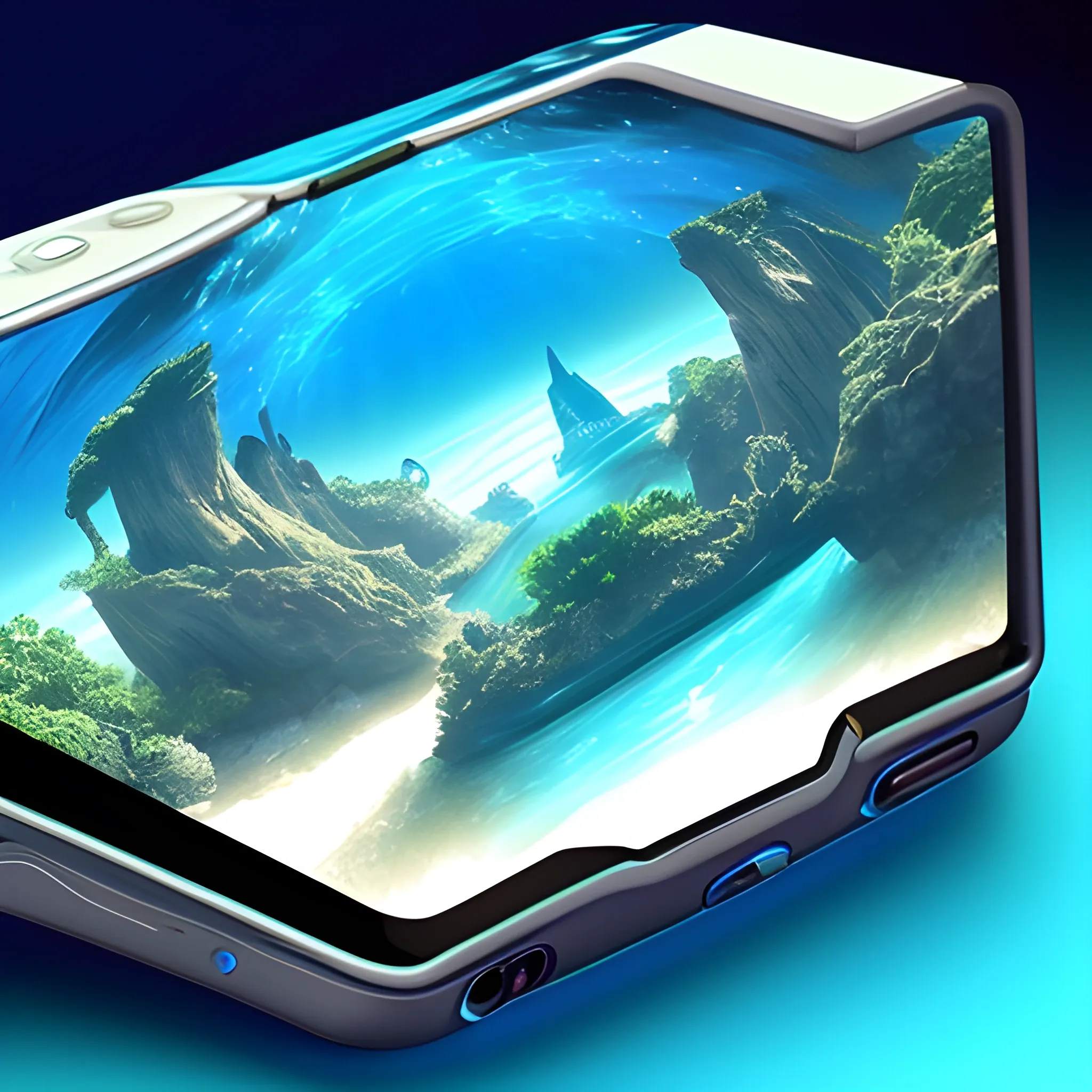 A virtual reality headset opens a portal to a breathtaking underwater world, blurring the lines between reality and simulation. 1 0. A sleek, foldable phone displays a holographic user interface, showcasing the future of mobile technology.
, Water Color