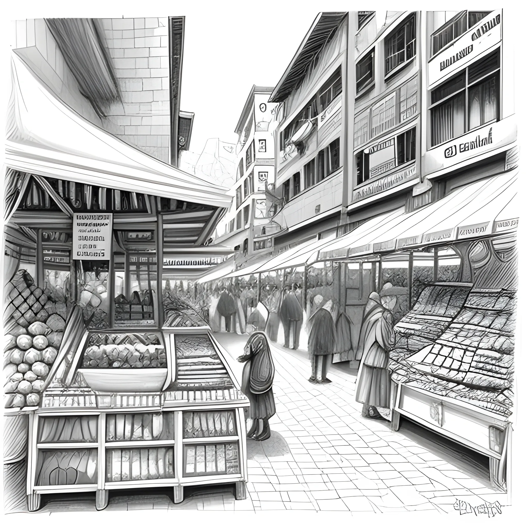 A bustling marketplace in a foreign country showcases vibrant displays of local products, highlighting the interconnectedness of global trade.
, Pencil Sketch