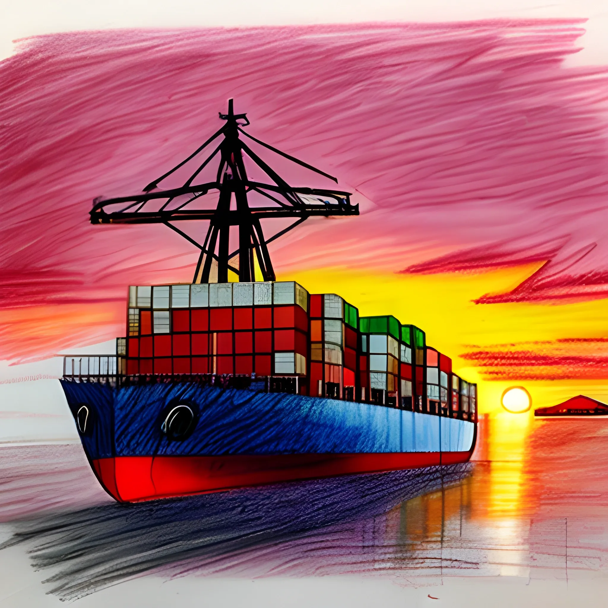 A cargo ship sails across a vibrant sunset, its containers symbolizing the movement of goods across the globe.
, Pencil Sketch