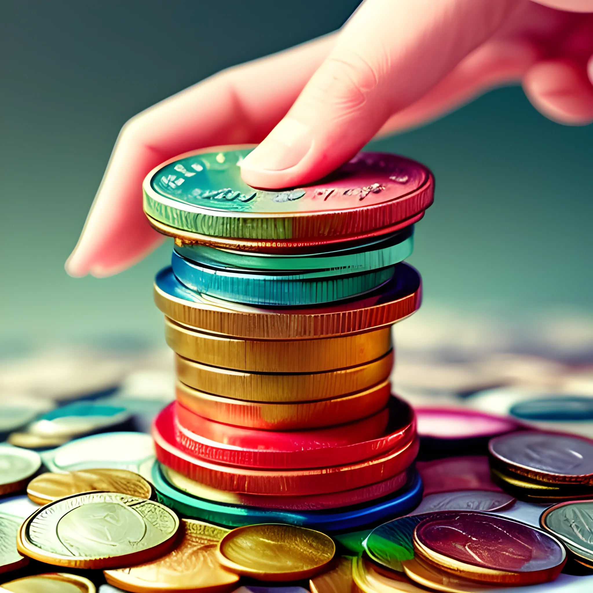 A stack of colorful coins overflows from a piggy bank, representing financial abundance and smart investment strategies.
, Water Color