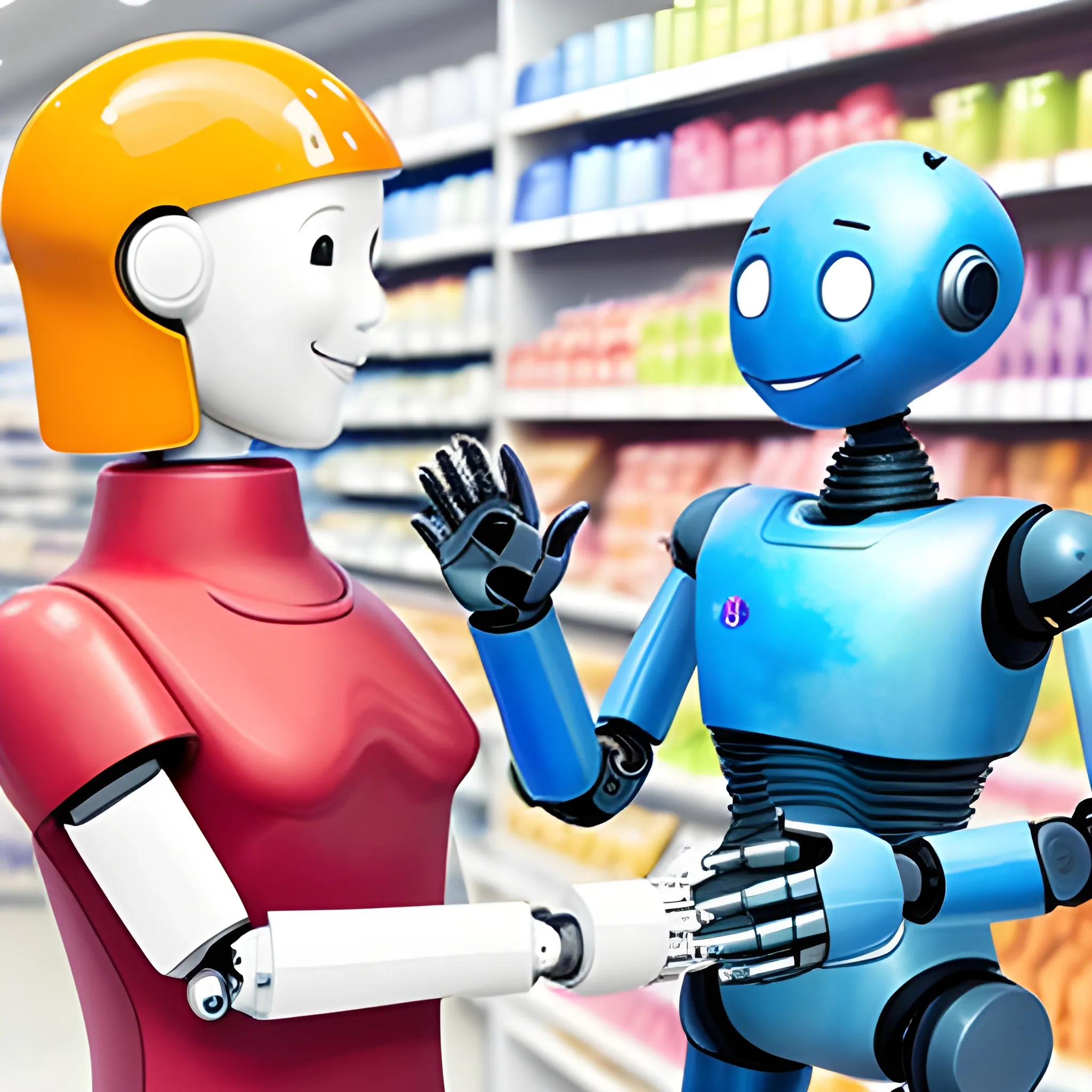 A friendly robot assistant smiles and offers a helpful hand to a customer in a retail store, showcasing the integration of AI in daily life.
, Water Color