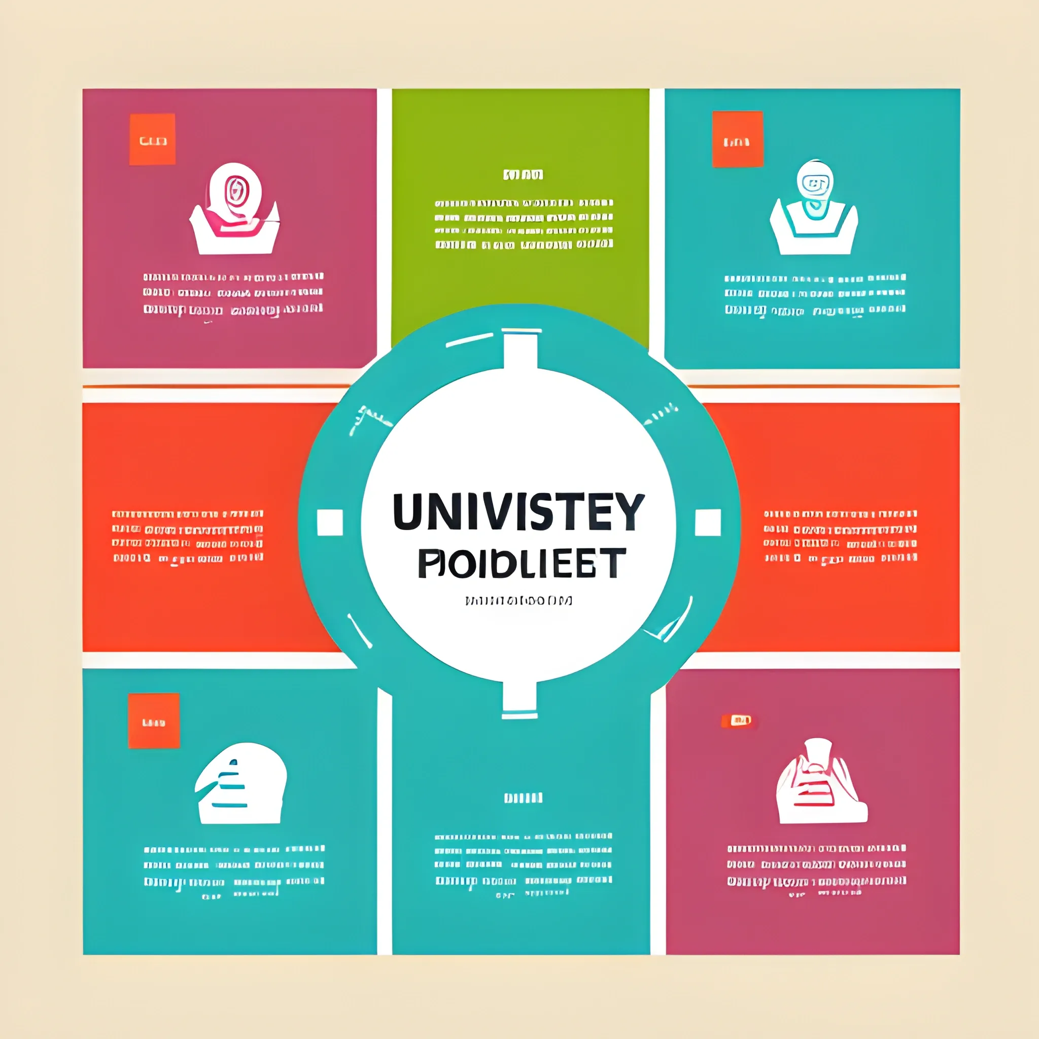 A visually appealing information board showing the highlights of university life. The layout includes images, header, background and layout of posters. It must be clear and legible. The illustration style is simple, vector art, picturesque background, use of bright colors.