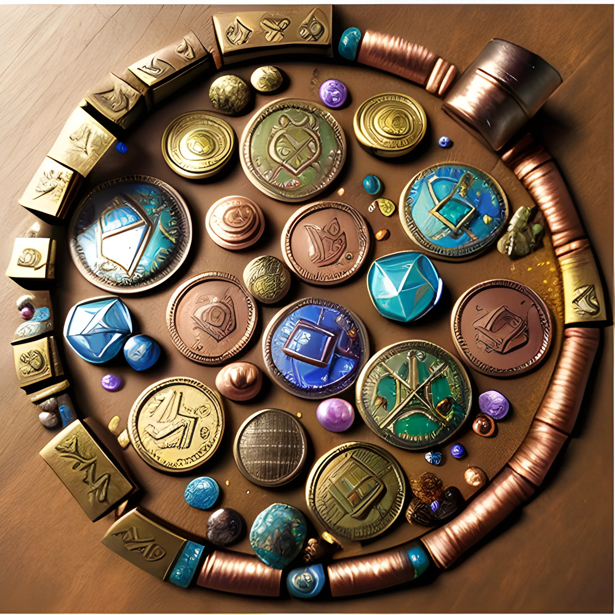 dnd high fantasy, coin piles, a mix of copper, tin, brass, and even painted wood, precious currency from a variety of countries, semiprecious gems, Oil Painting