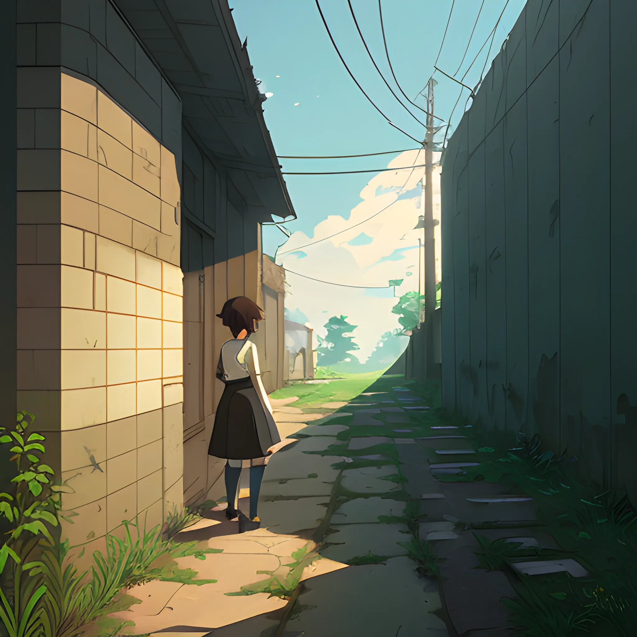 front of view of an old dilapidated wall with glimmer of sun... in the style of makoto shinkai, Cartoon