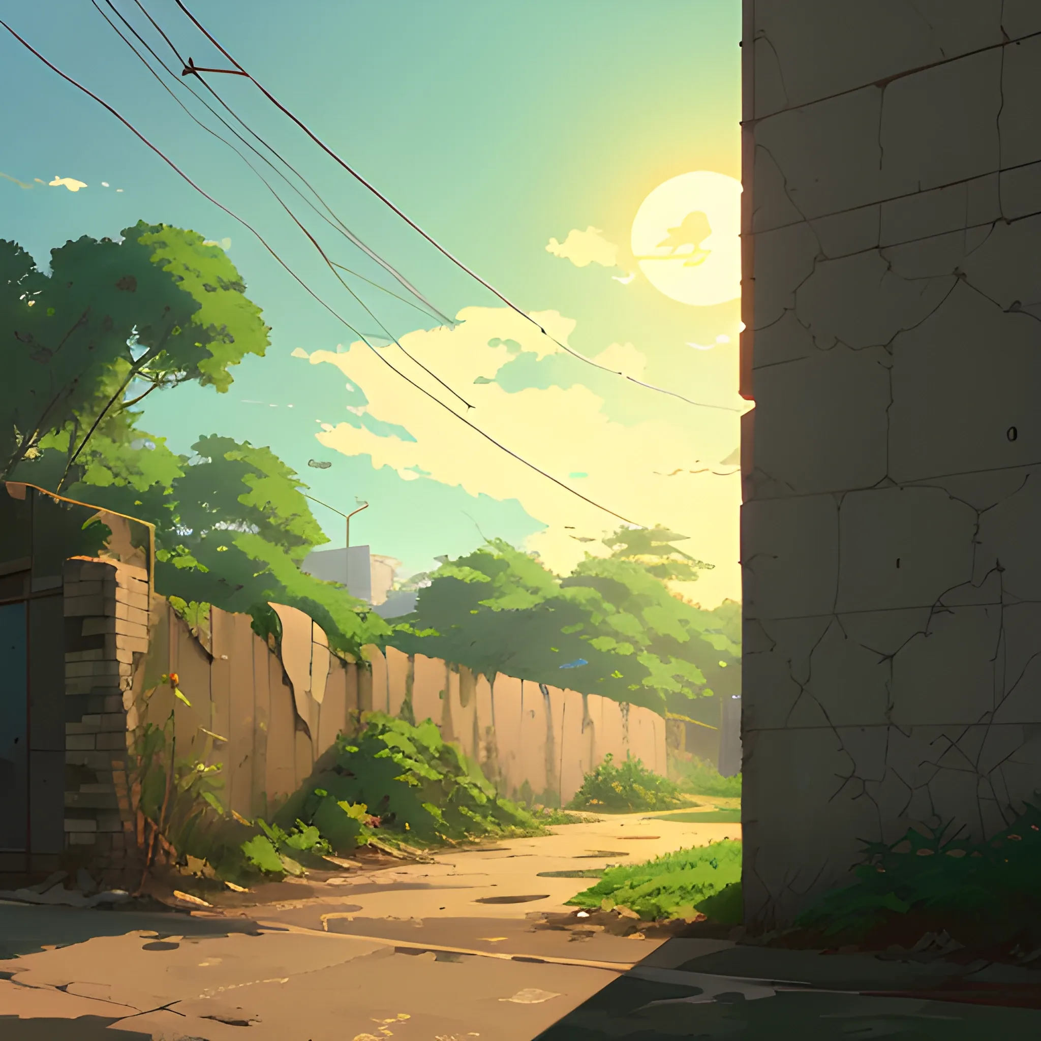 front of view of an old dilapidated wall with glimmer of sun... in the style of makoto shinkai, Cartoon