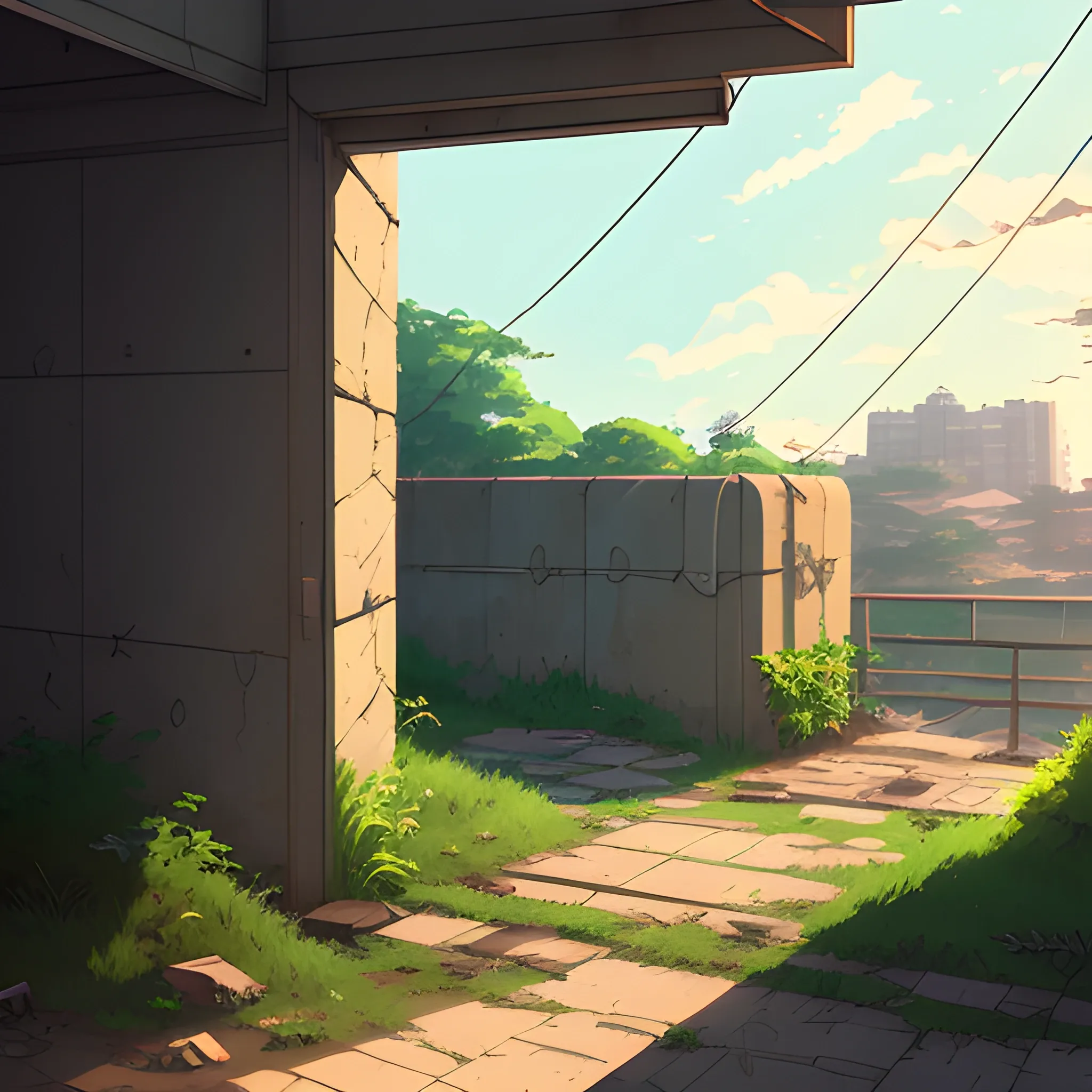 front of view of an old dilapidated wall with glimmer of sun... in the style of makoto shinkai, Cartoon