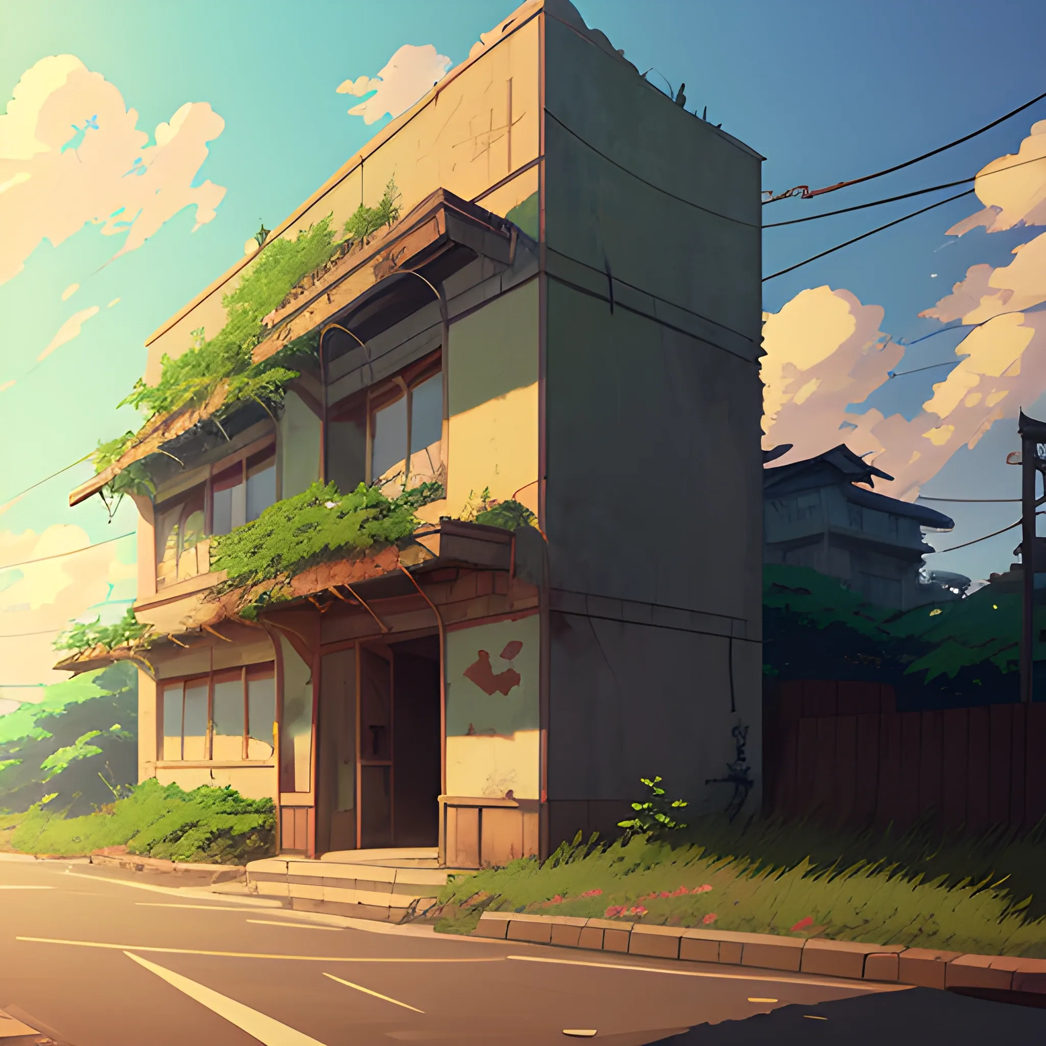 front of view of an old dilapidated wall with glimmer of sun... in the style of makoto shinkai, Cartoon