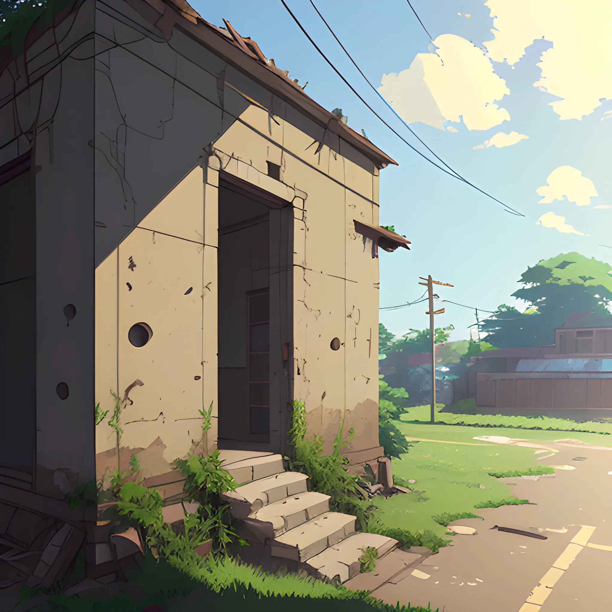 front of view of an old dilapidated wall with glimmer of sun... in the style of makoto shinkai, Cartoon