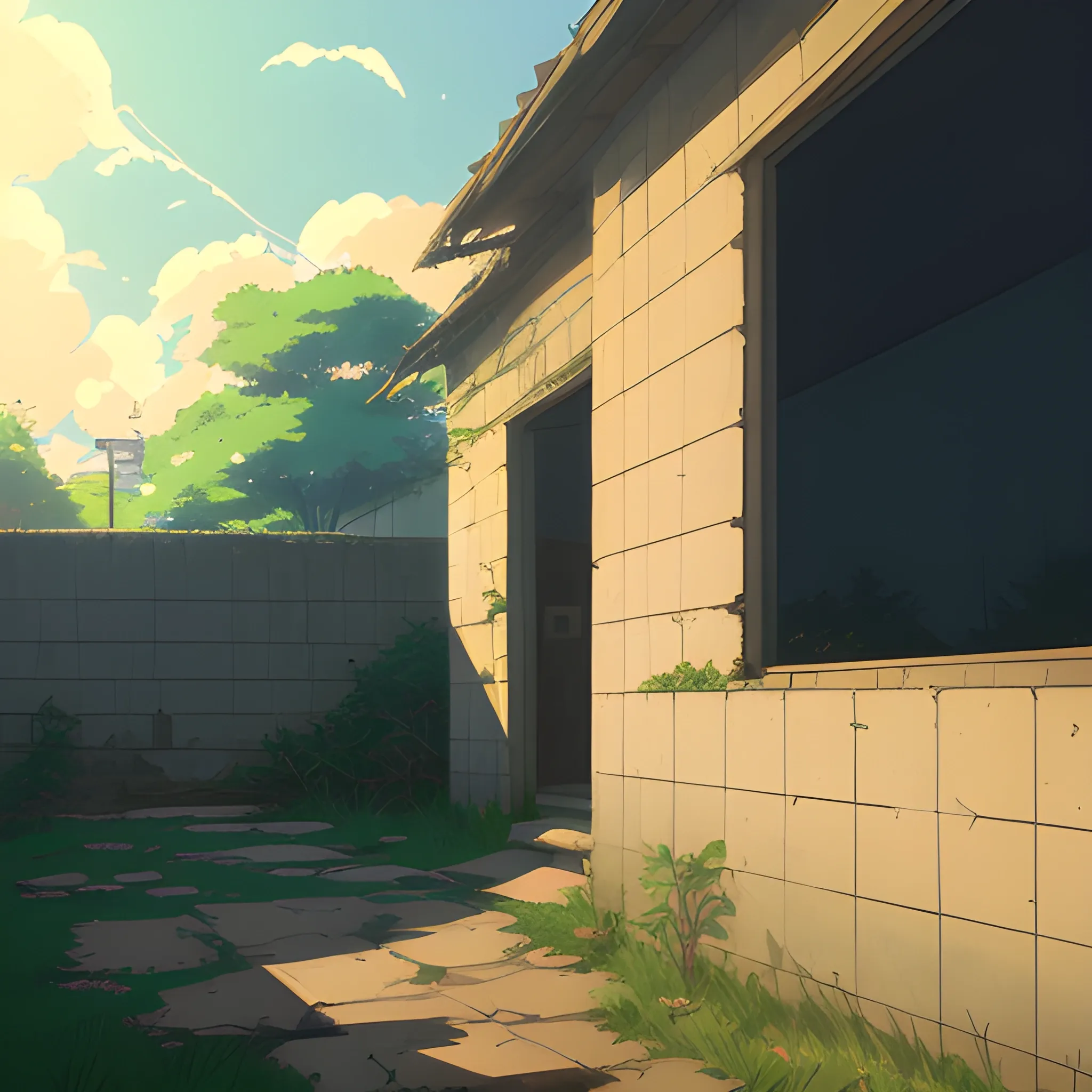 front of view of an old dilapidated wall with glimmer of sun... in the style of makoto shinkai, Cartoon