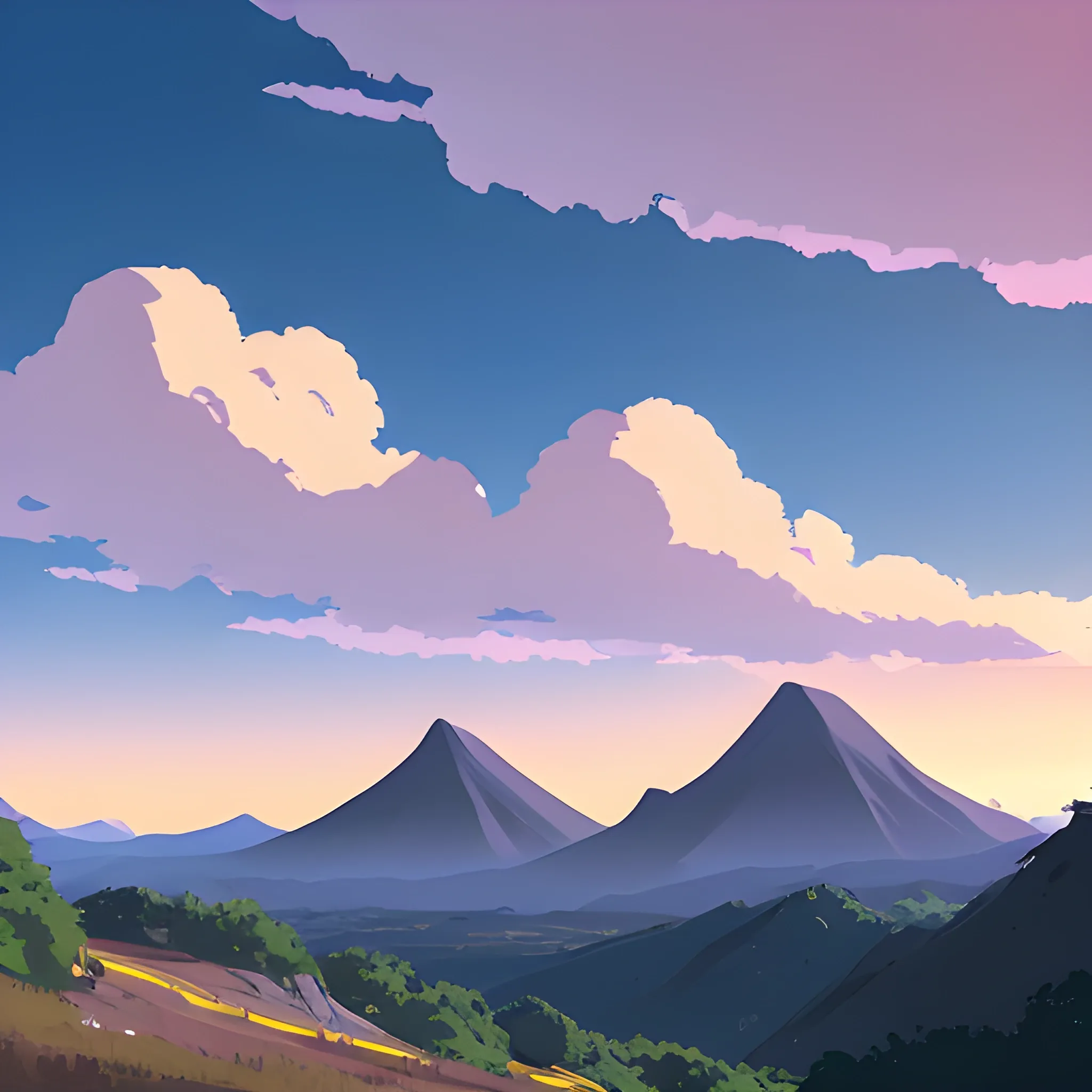 mountains with sky, brush... in the  style of makoto shinkai, Cartoon