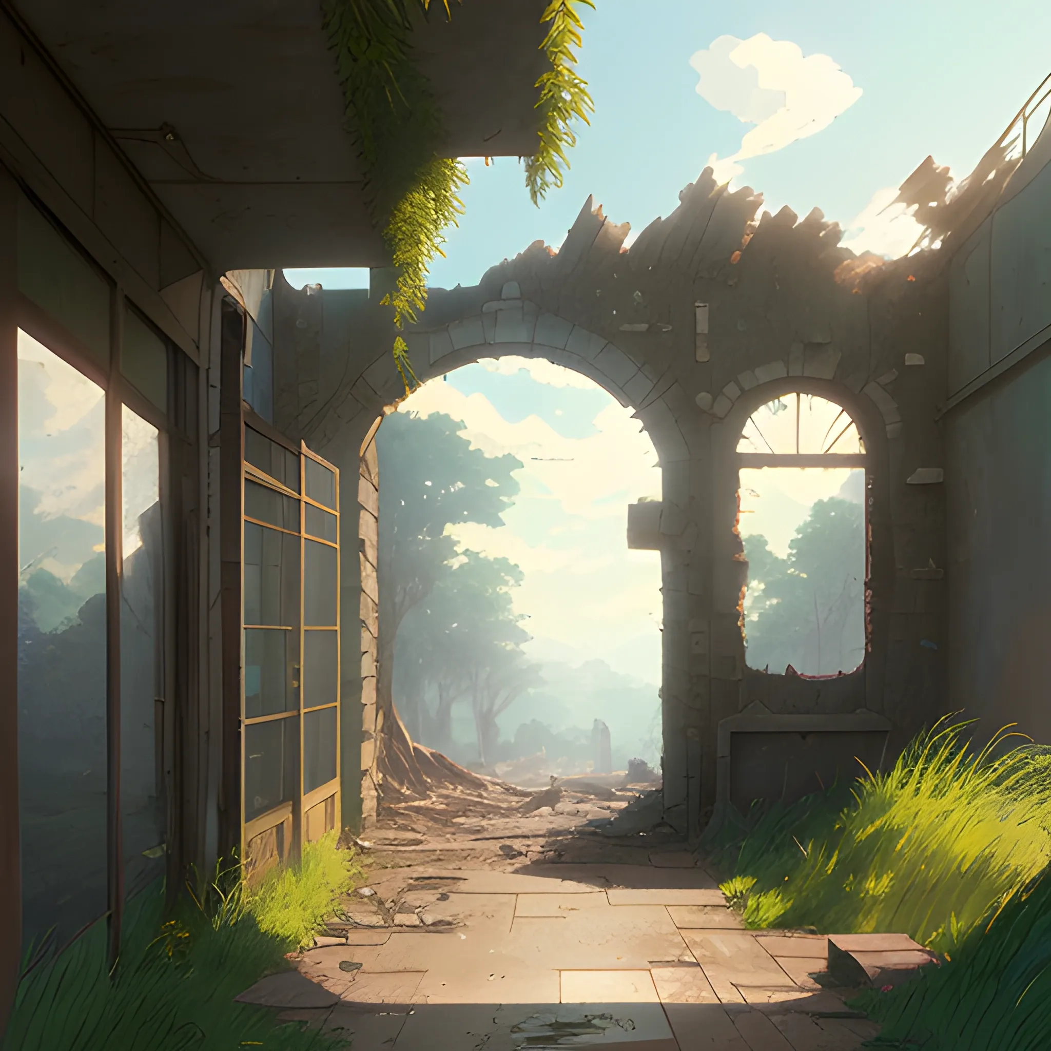 front of view of an old dilapidated wall... in the style of makoto shinkai and greg rutkowski and albert bierstadt and james gurney, Cartoon