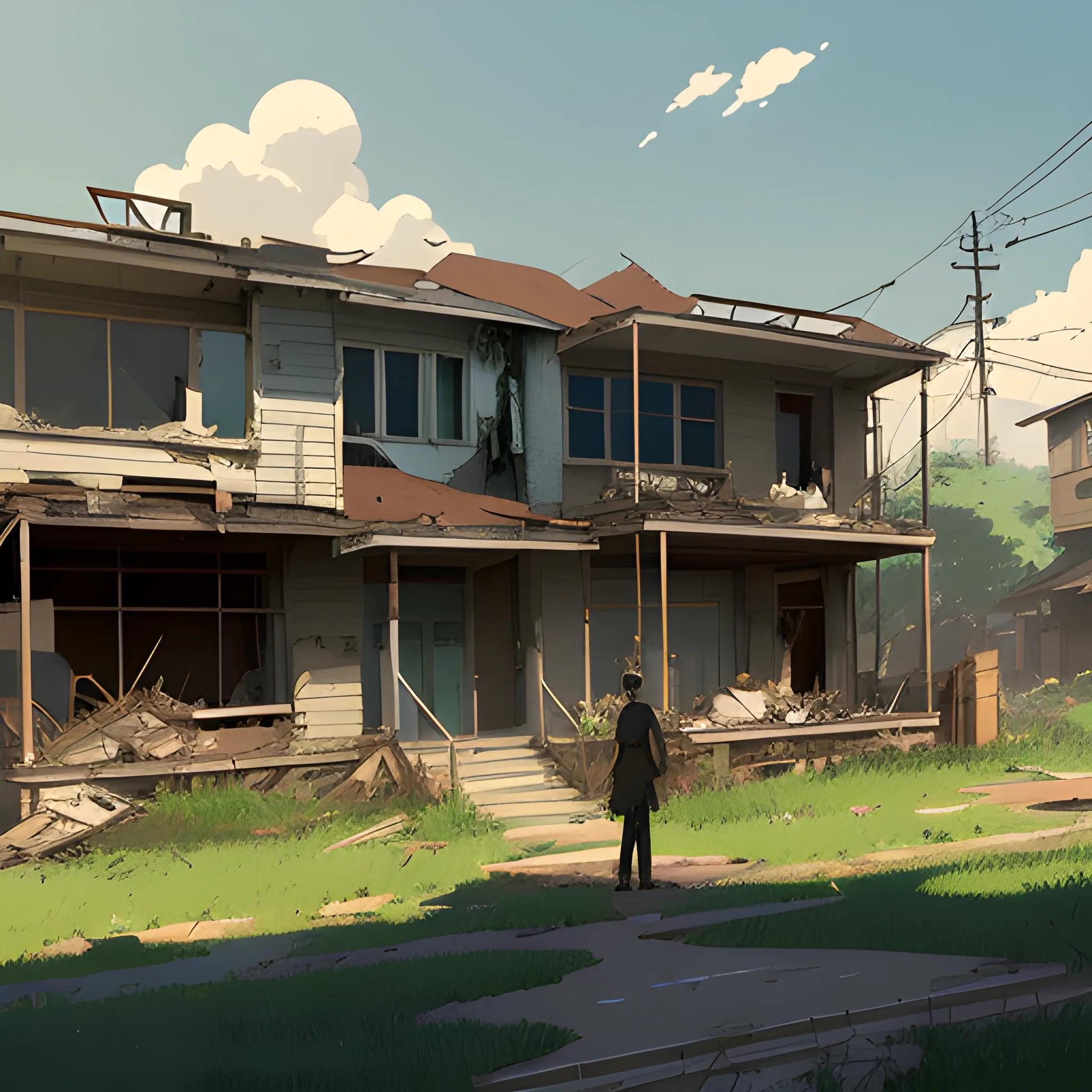 front of view of an old dilapidated suburb... in the style of makoto shinkai and greg rutkowski and albert bierstadt and james gurney, Cartoon