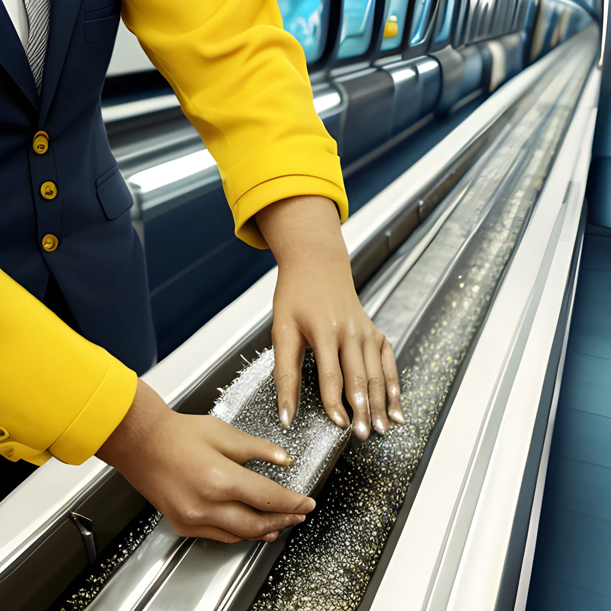 Mano derecha  dejando caer polvo brillante a un metro de altura sobre material de trabajo de marketing
