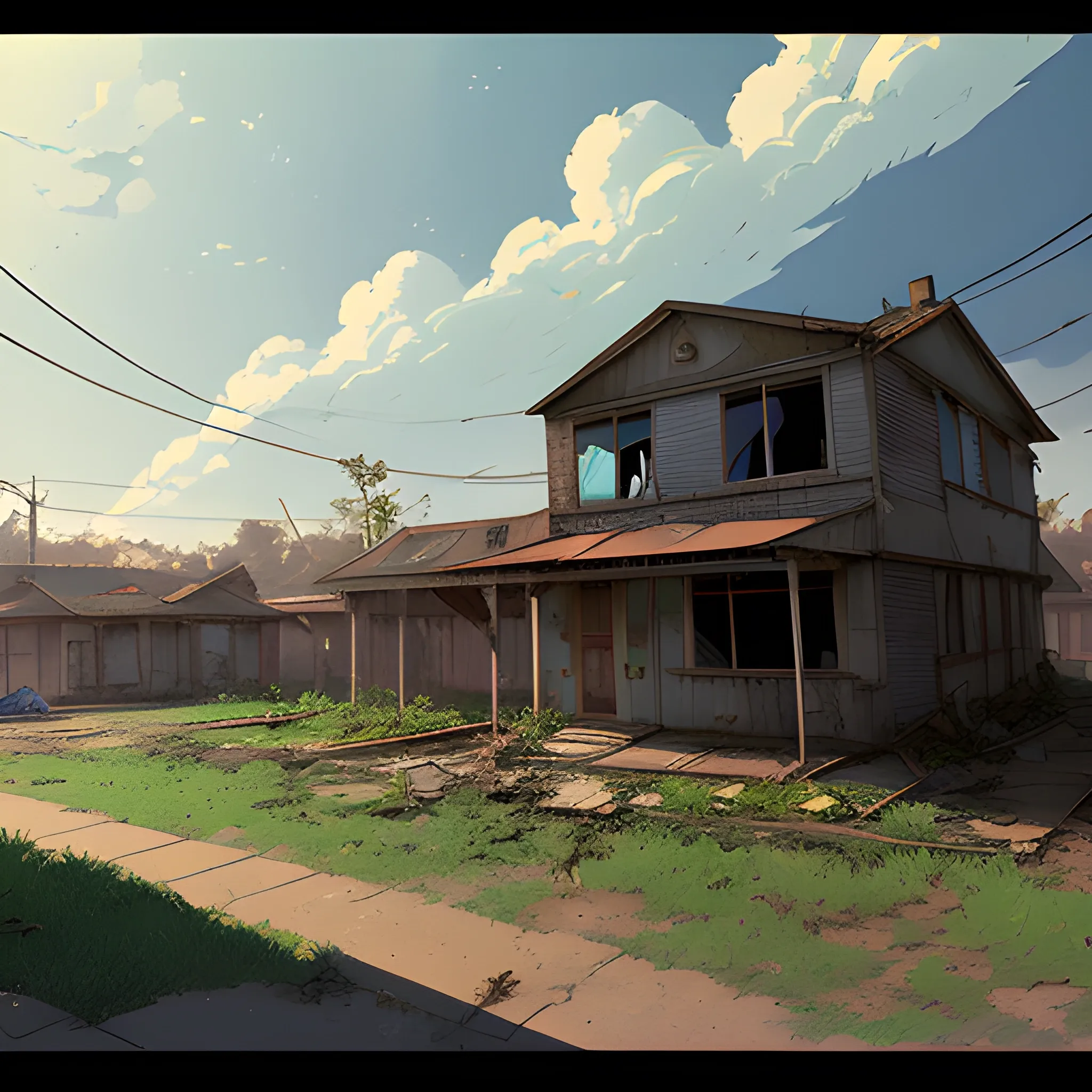 front of view of an old dilapidated suburb... in the style of makoto shinkai and greg rutkowski and albert bierstadt and james gurney, Cartoon