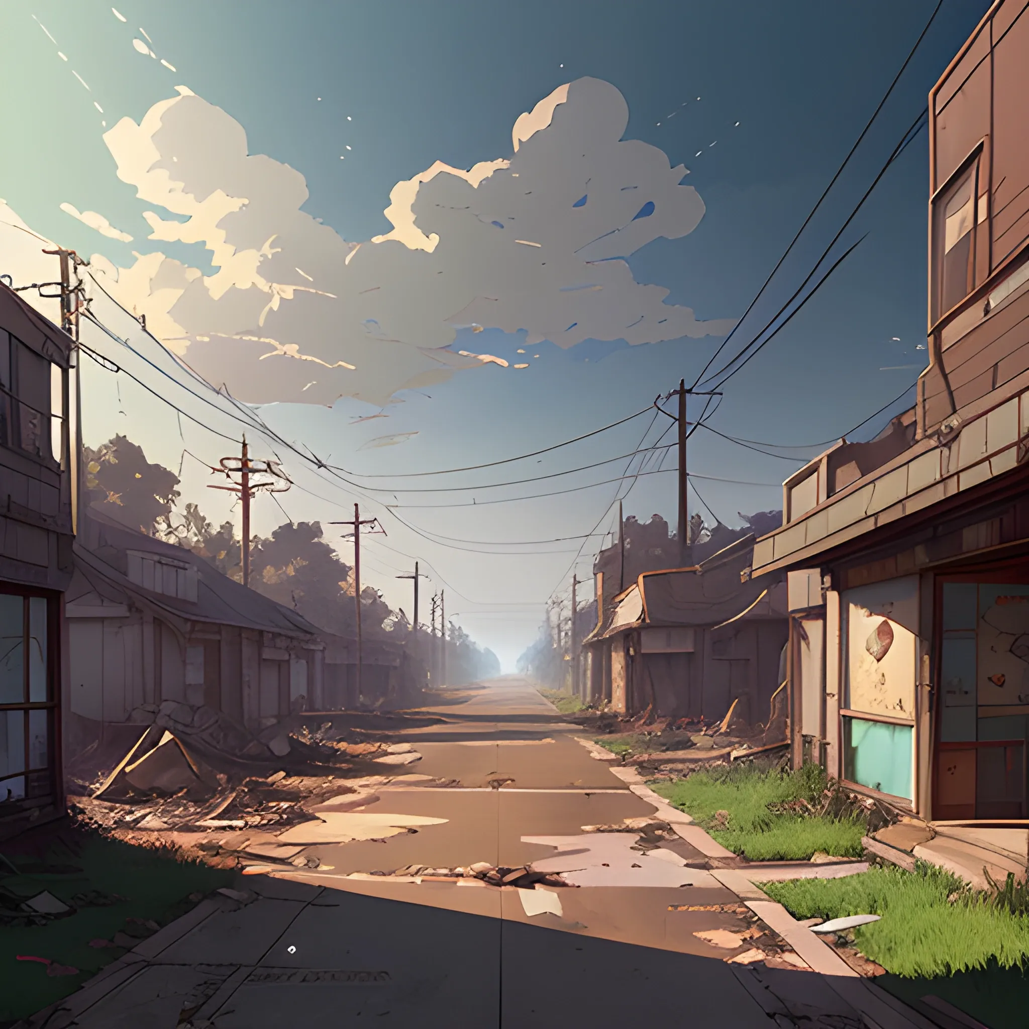 front of view of an old dilapidated suburb with advertising plaques... in the style of makoto shinkai and greg rutkowski and albert bierstadt and james gurney, Cartoon