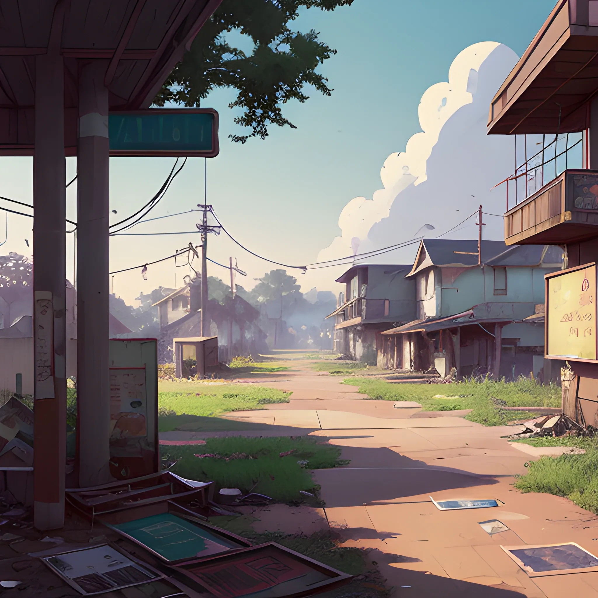 front of view of an old dilapidated suburb with advertising plaques... in the style of makoto shinkai and greg rutkowski and albert bierstadt and james gurney, Cartoon