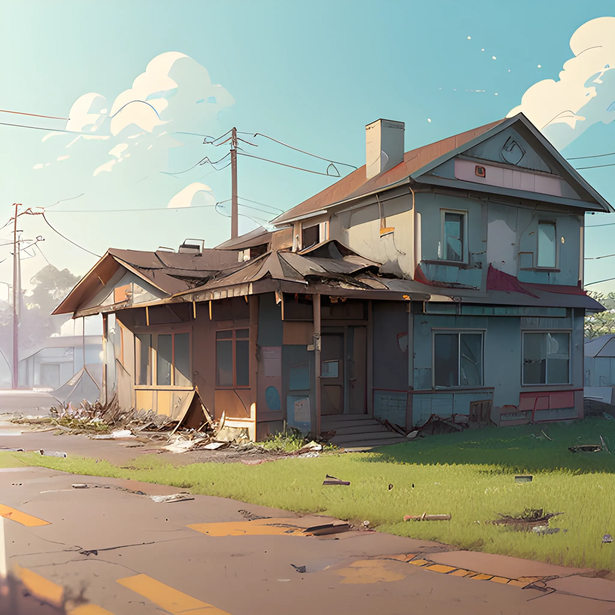 front of view of an old dilapidated suburb with advertising plaques... in the style of makoto shinkai and greg rutkowski and albert bierstadt and james gurney, Cartoon