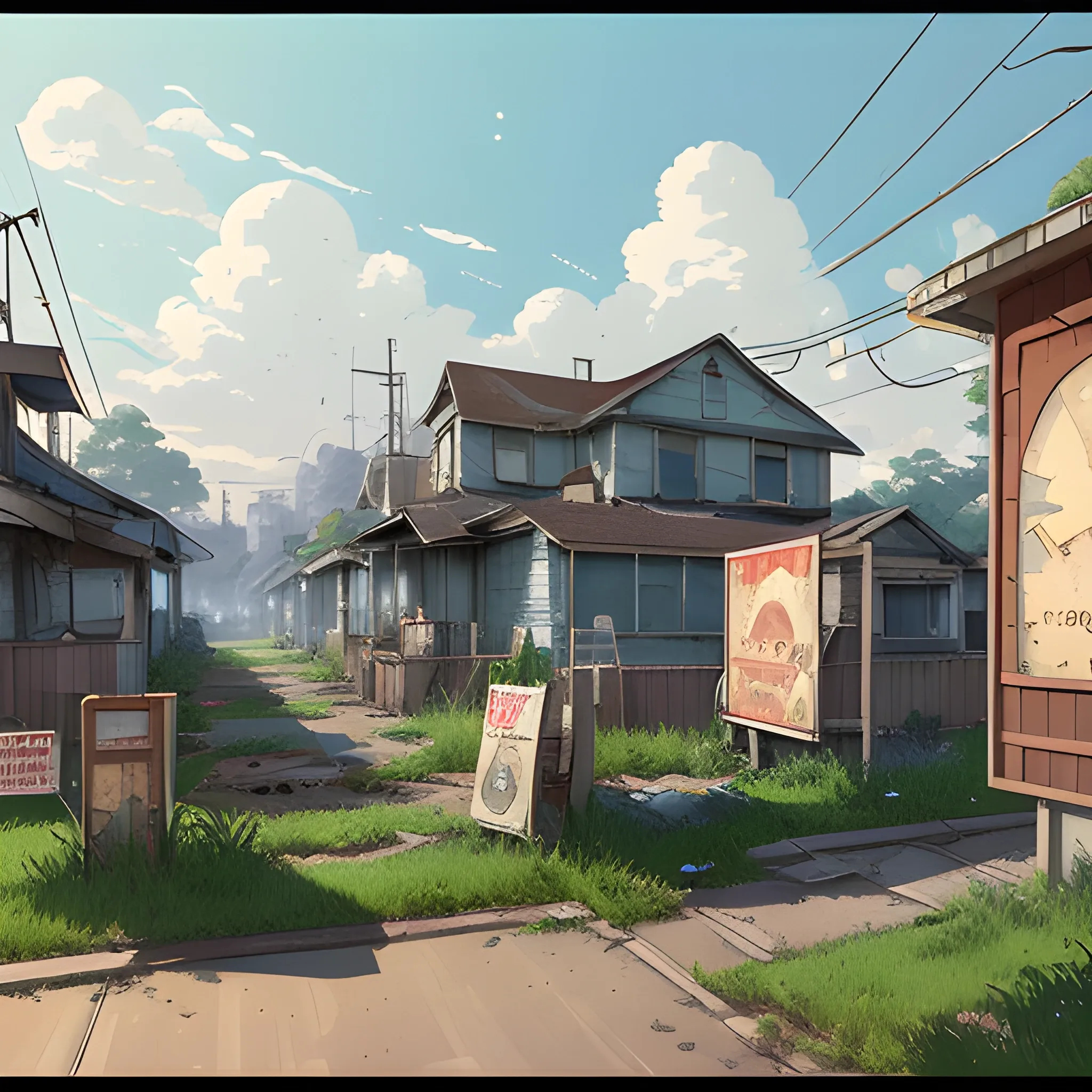 front of view of an old dilapidated suburb with advertising plaques with a lots of houses... in the style of makoto shinkai and greg rutkowski and albert bierstadt and james gurney, Cartoon