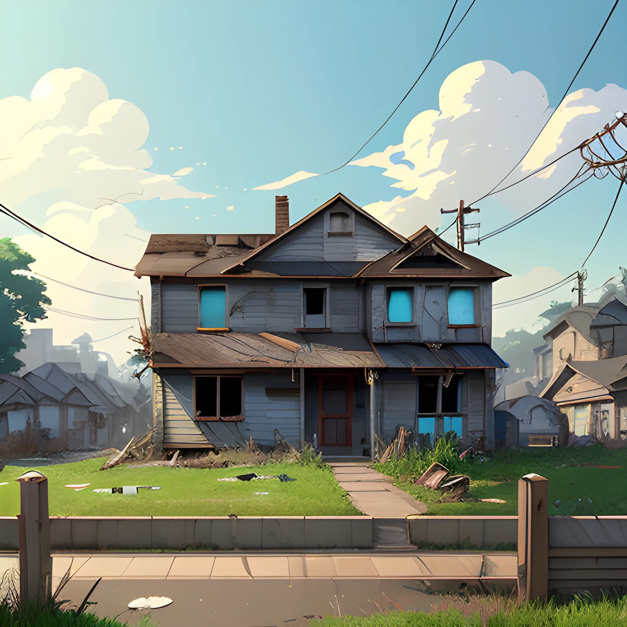 front of view of an old dilapidated suburb with advertising plaques with a lots of houses... in the style of makoto shinkai and greg rutkowski and albert bierstadt and james gurney, Cartoon