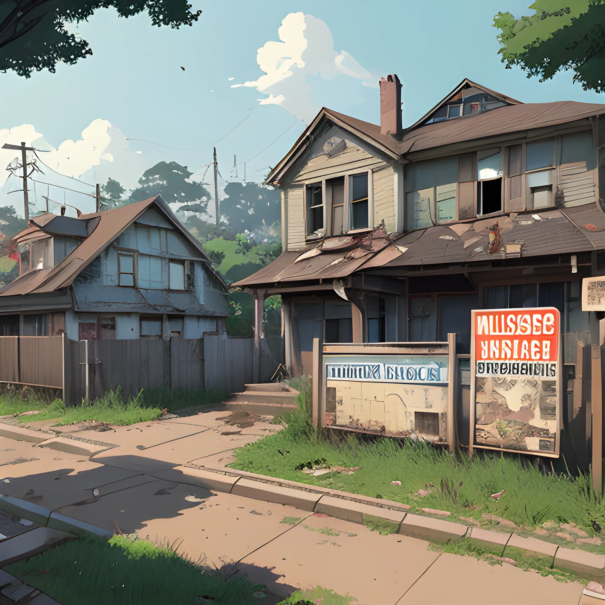 front of view of an old dilapidated suburb with advertising plaques with a lots of houses... in the style of makoto shinkai and greg rutkowski and albert bierstadt and james gurney, Cartoon