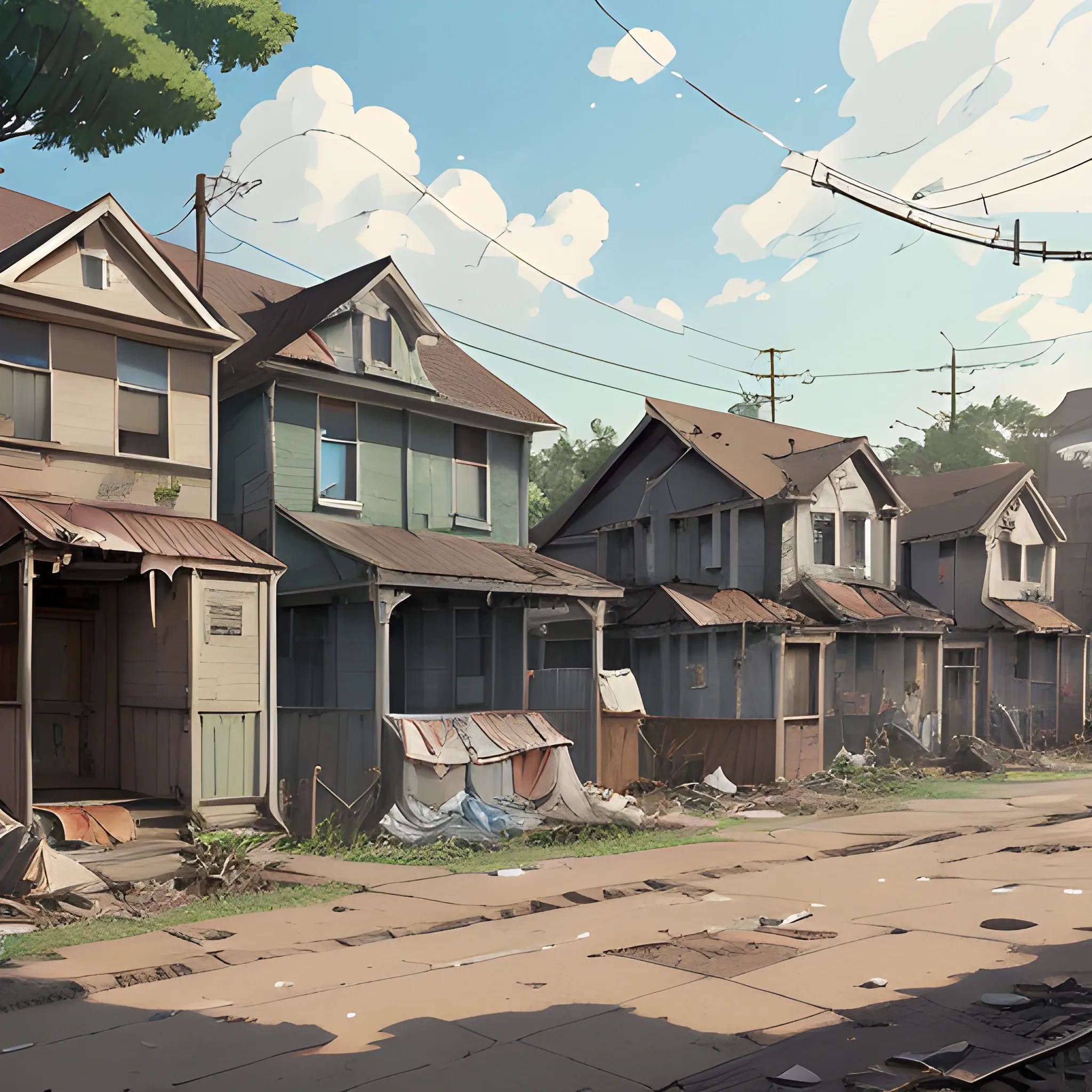 front of view of an old dilapidated suburb with advertising plaques with a lots of houses, with the clothes dried in front of the houses... in the style of makoto shinkai and greg rutkowski and albert bierstadt and james gurney, Cartoon