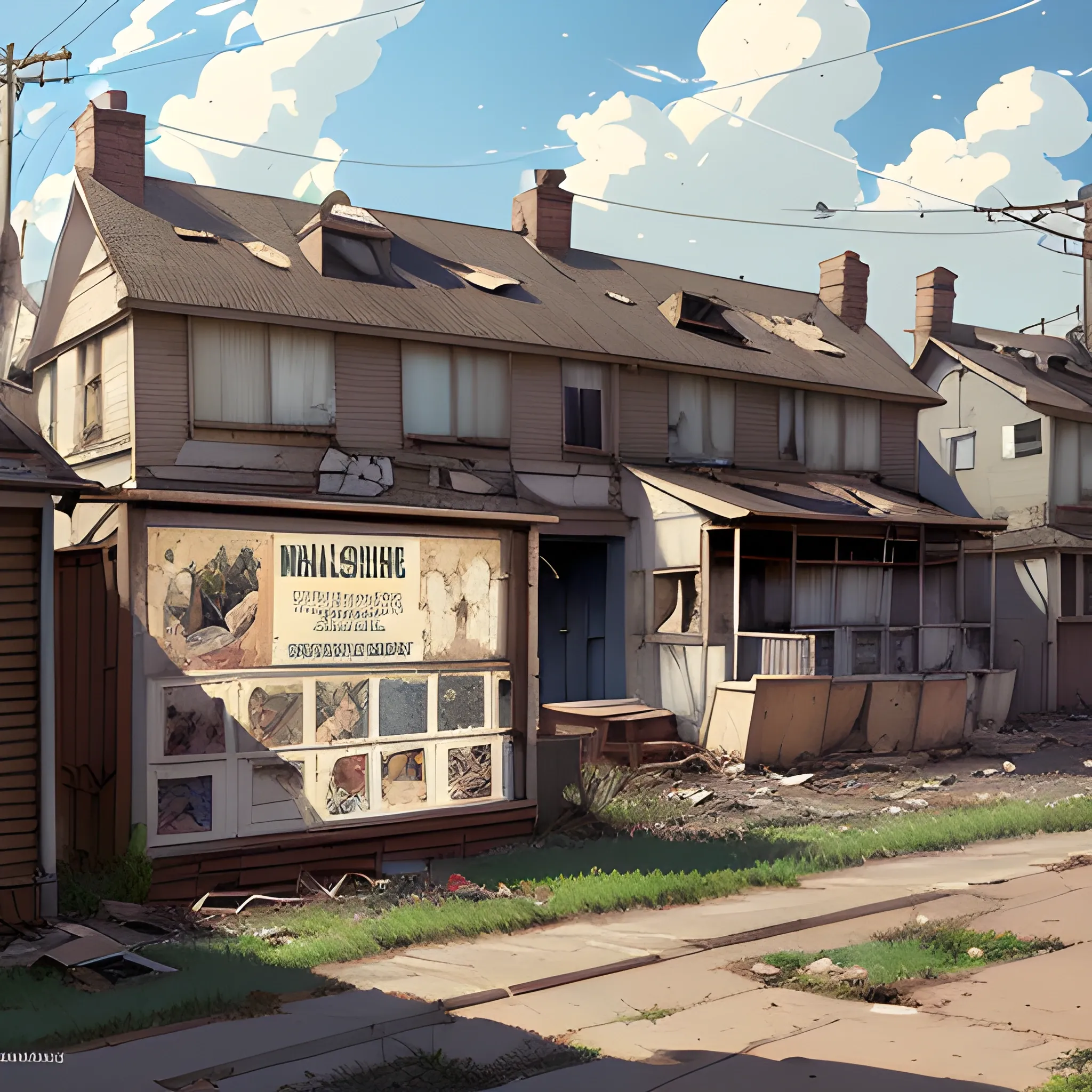 front of view of an old dilapidated suburb with advertising plaques with a lots of houses, with the clothes dried in front of the houses... in the style of makoto shinkai and greg rutkowski and albert bierstadt and james gurney, Cartoon