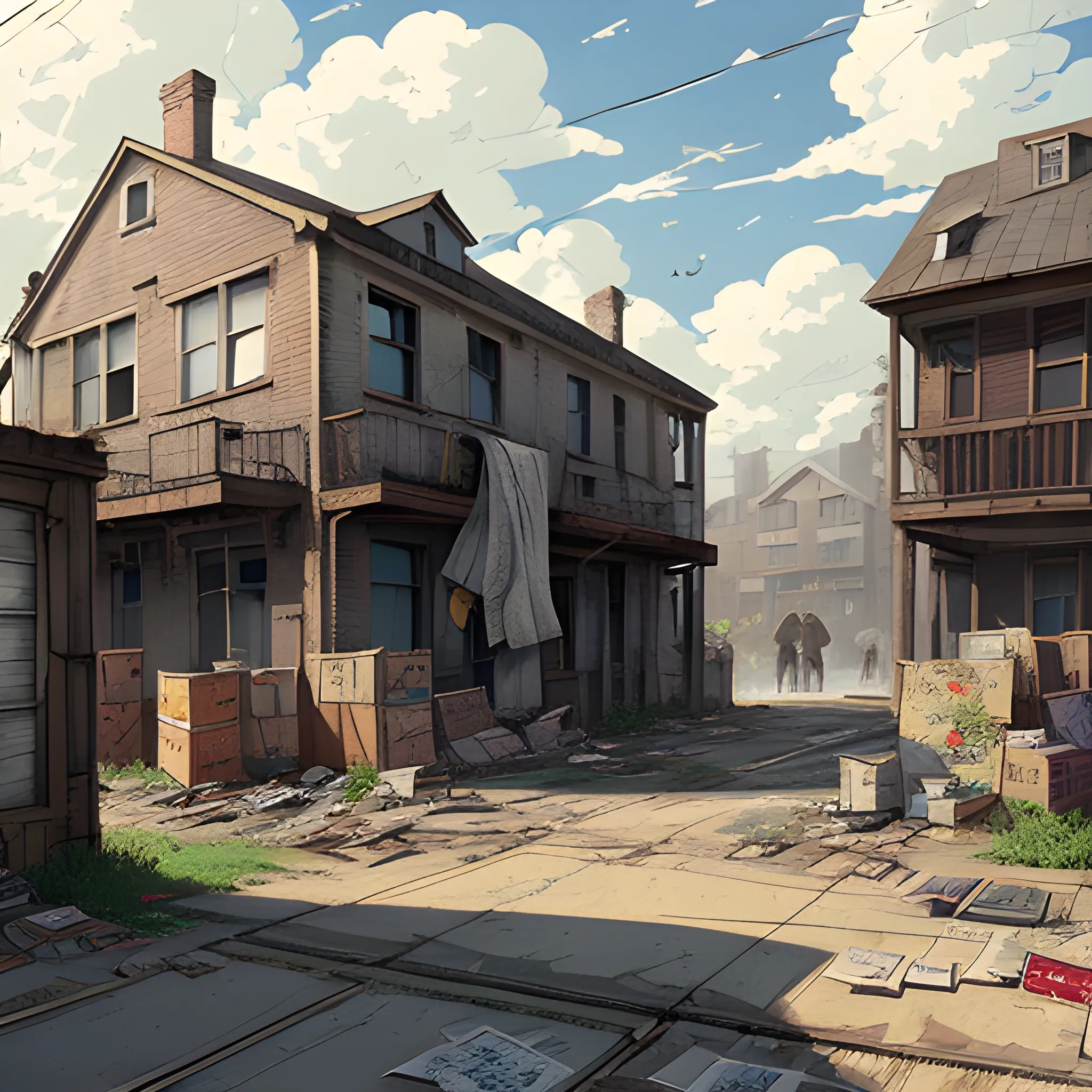 front of view of an old dilapidated warehouse with advertising plaques with a lots of houses, with the clothes dried in front of the houses... in the style of makoto shinkai and greg rutkowski and albert bierstadt and james gurney, Cartoon