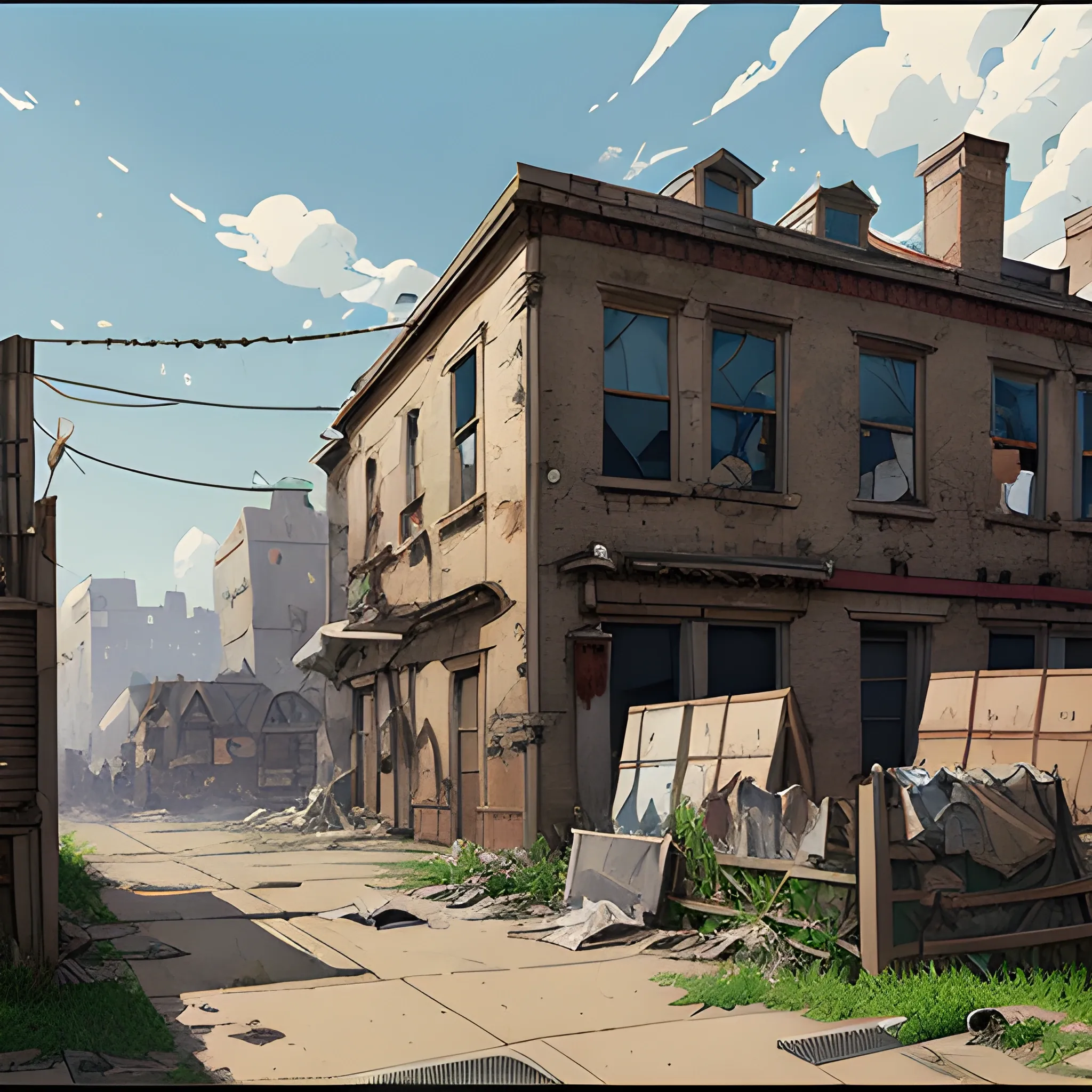 front of view of an old dilapidated warehouse with advertising plaques with a lots of houses, with the clothes dried in front of the houses... in the style of makoto shinkai and greg rutkowski and albert bierstadt and james gurney, Cartoon