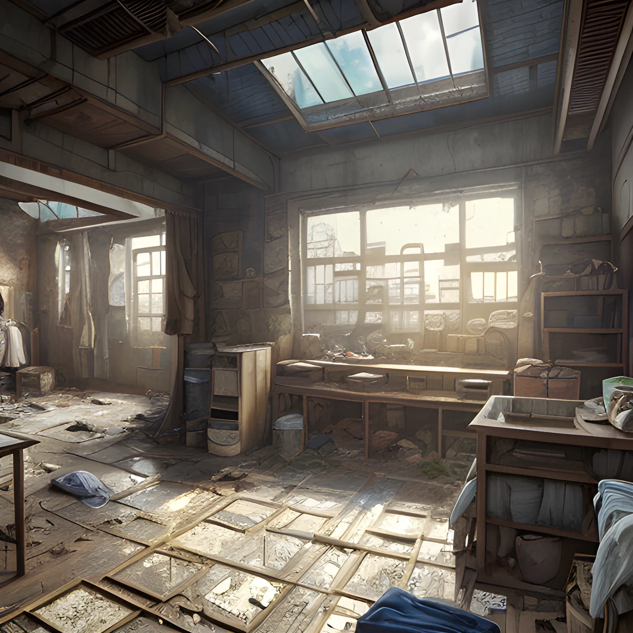 interior of an old dilapidated warehouse with advertising plaques with a lots of houses, with the clothes dried in front of the houses... in the style of makoto shinkai and greg rutkowski and albert bierstadt and james gurney, Cartoon