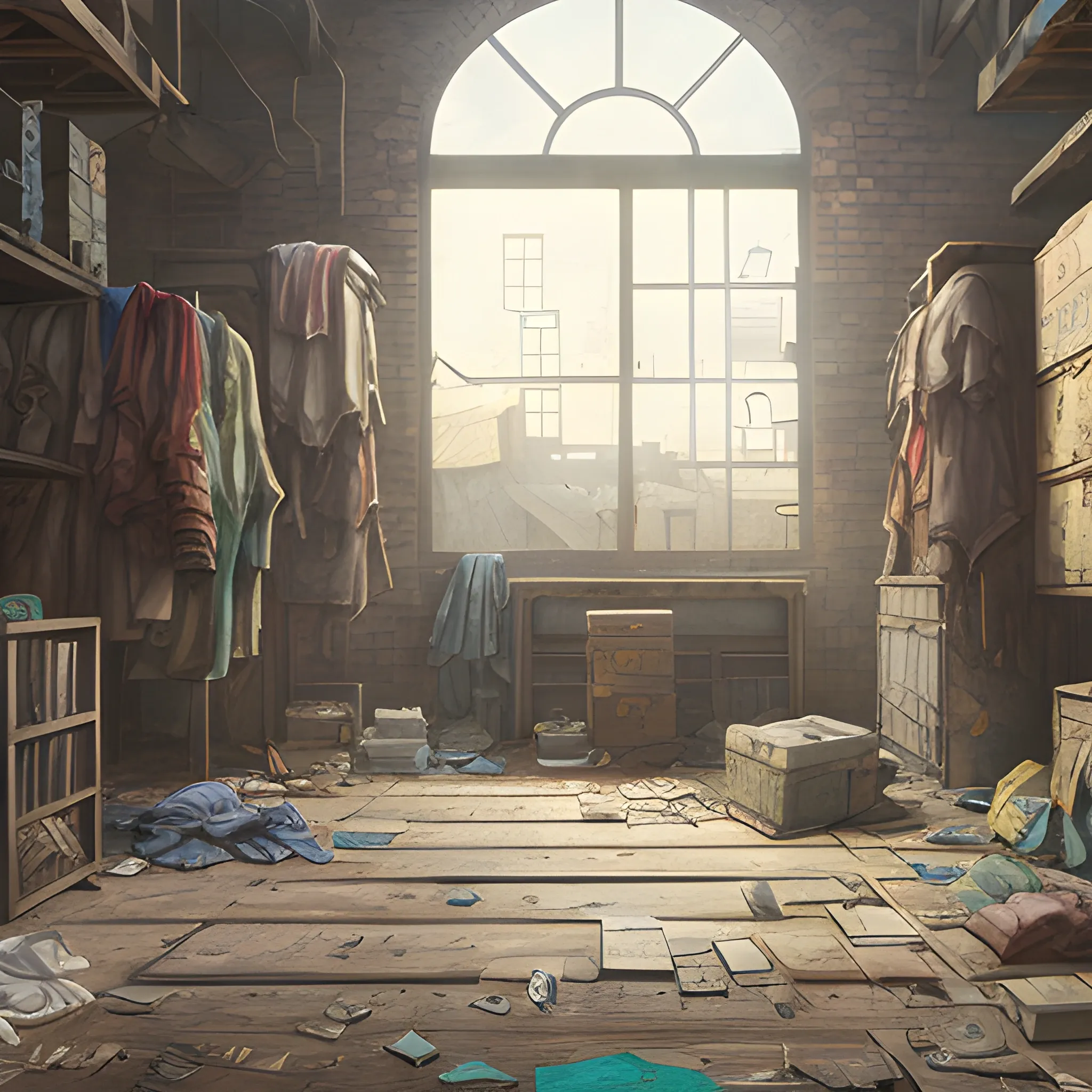 interior of an old dilapidated warehouse with advertising plaques with a lots of houses, with the clothes dried in front of the houses... in the style of makoto shinkai and greg rutkowski and albert bierstadt and james gurney, Cartoon