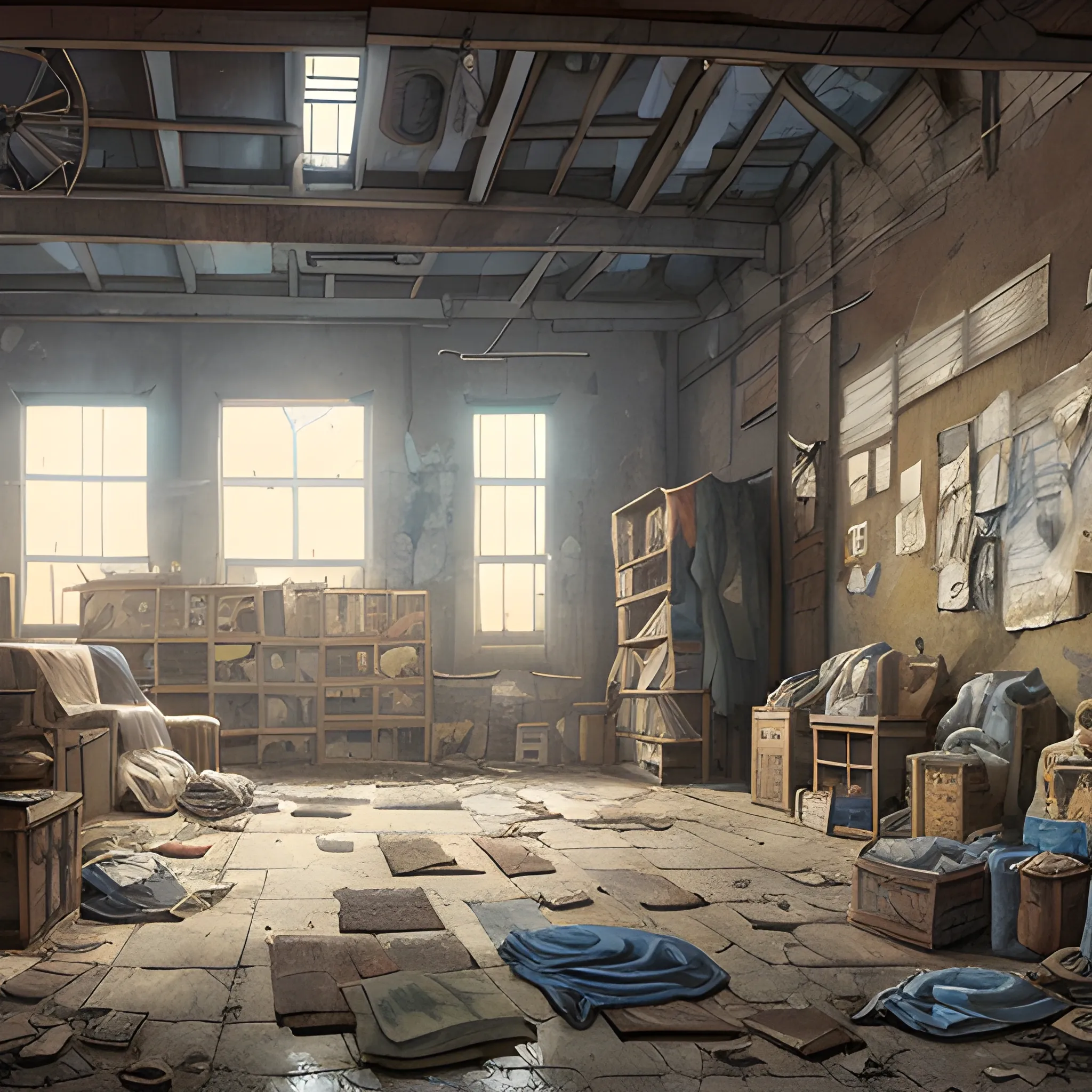 interior of an old dilapidated warehouse with advertising plaques with a lots of houses, with the clothes dried in front of the houses... in the style of makoto shinkai and greg rutkowski and albert bierstadt and james gurney, Cartoon