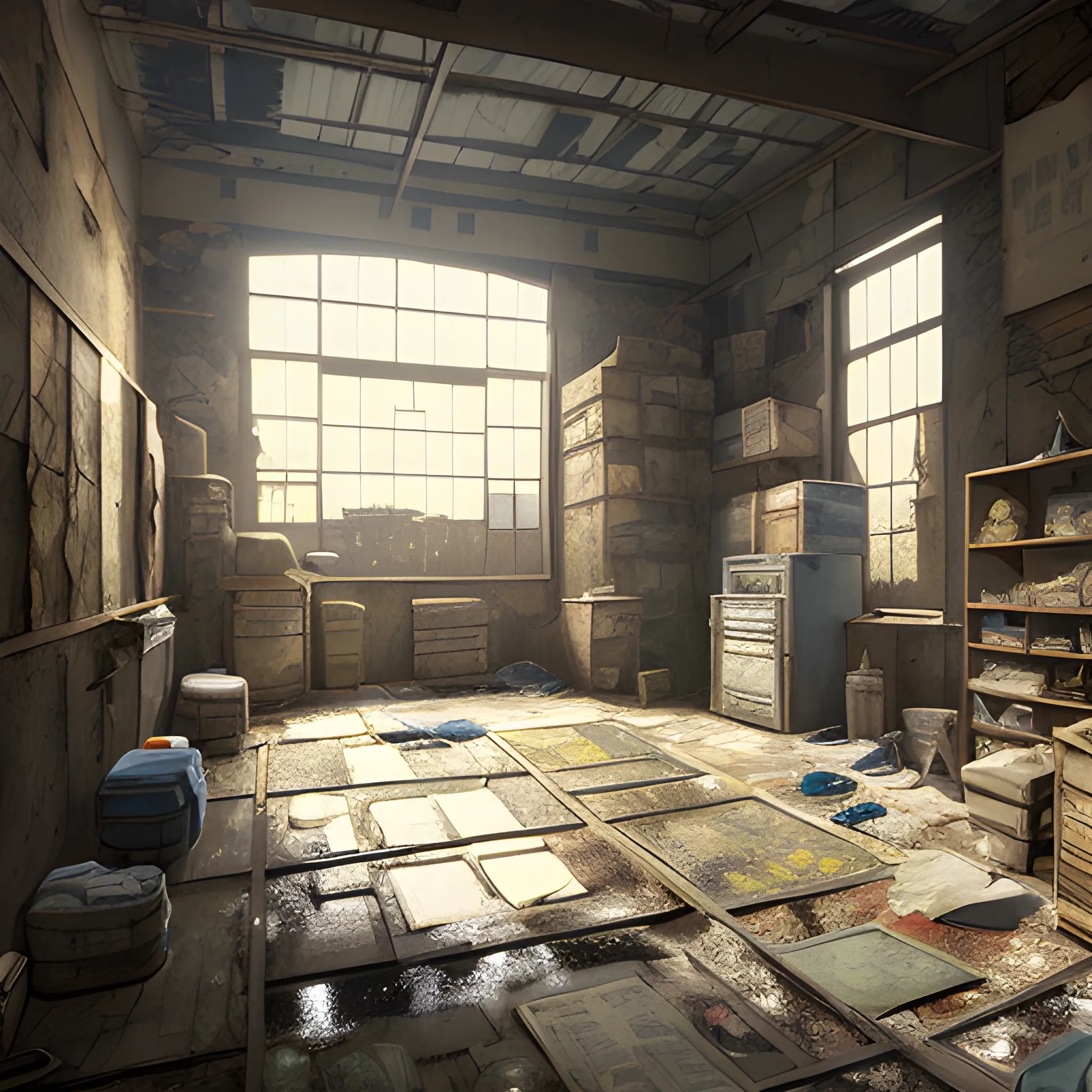 interior of an old dilapidated warehouse with advertising plaques with a lots of houses, with the clothes dried in front of the houses... in the style of makoto shinkai and greg rutkowski and albert bierstadt and james gurney, Cartoon