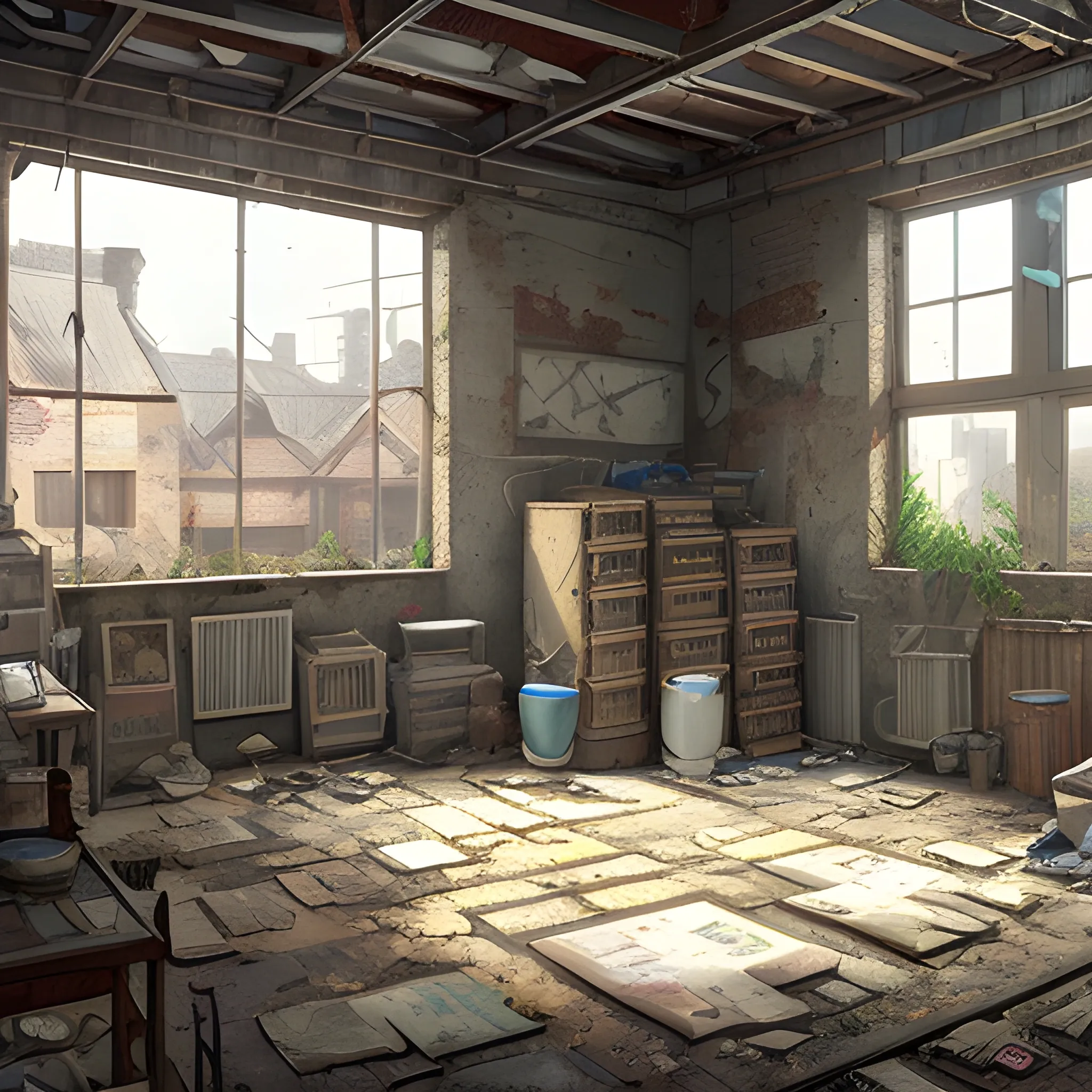 interior of an old dilapidated warehouse with advertising plaques with a lots of houses, with the clothes dried in front of the houses... in the style of makoto shinkai and greg rutkowski and albert bierstadt and james gurney, Cartoon