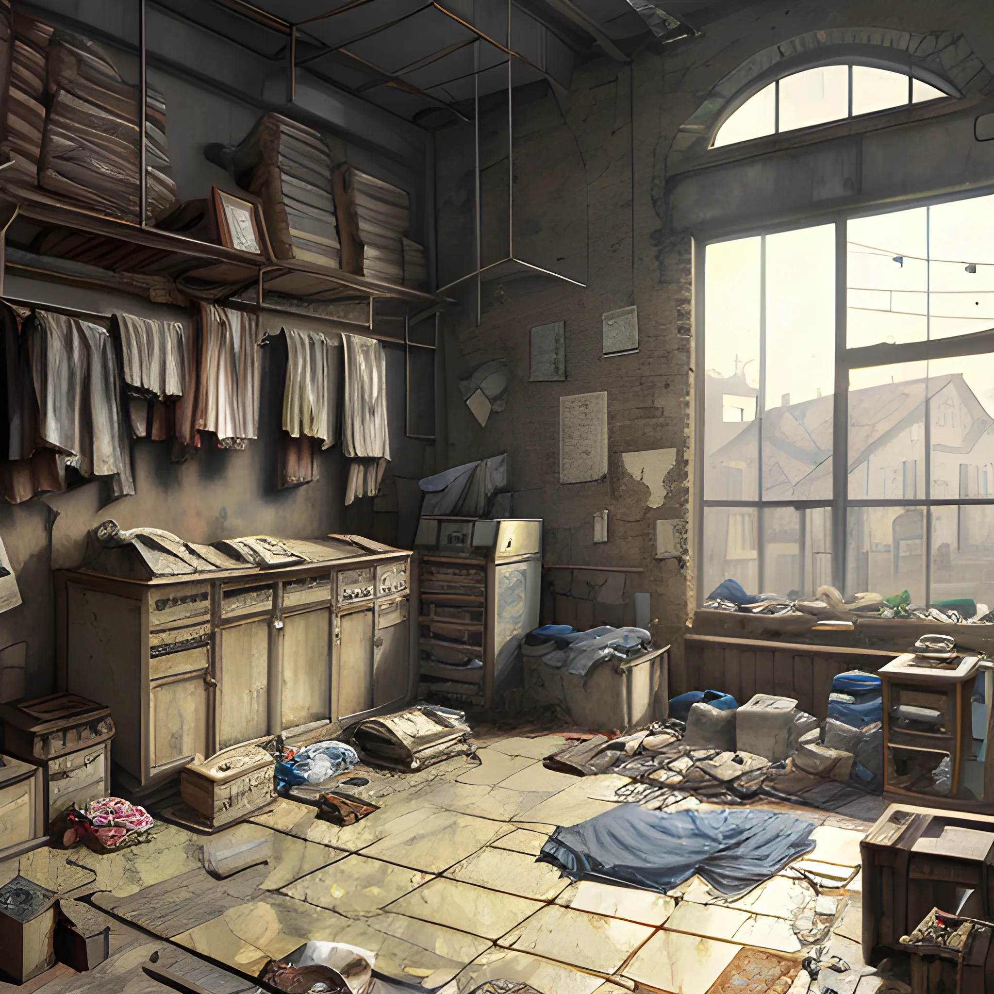 interior of an old dilapidated warehouse with advertising plaques with a lots of houses, with the clothes dried in front of the houses... in the style of makoto shinkai and greg rutkowski and albert bierstadt and james gurney, Cartoon