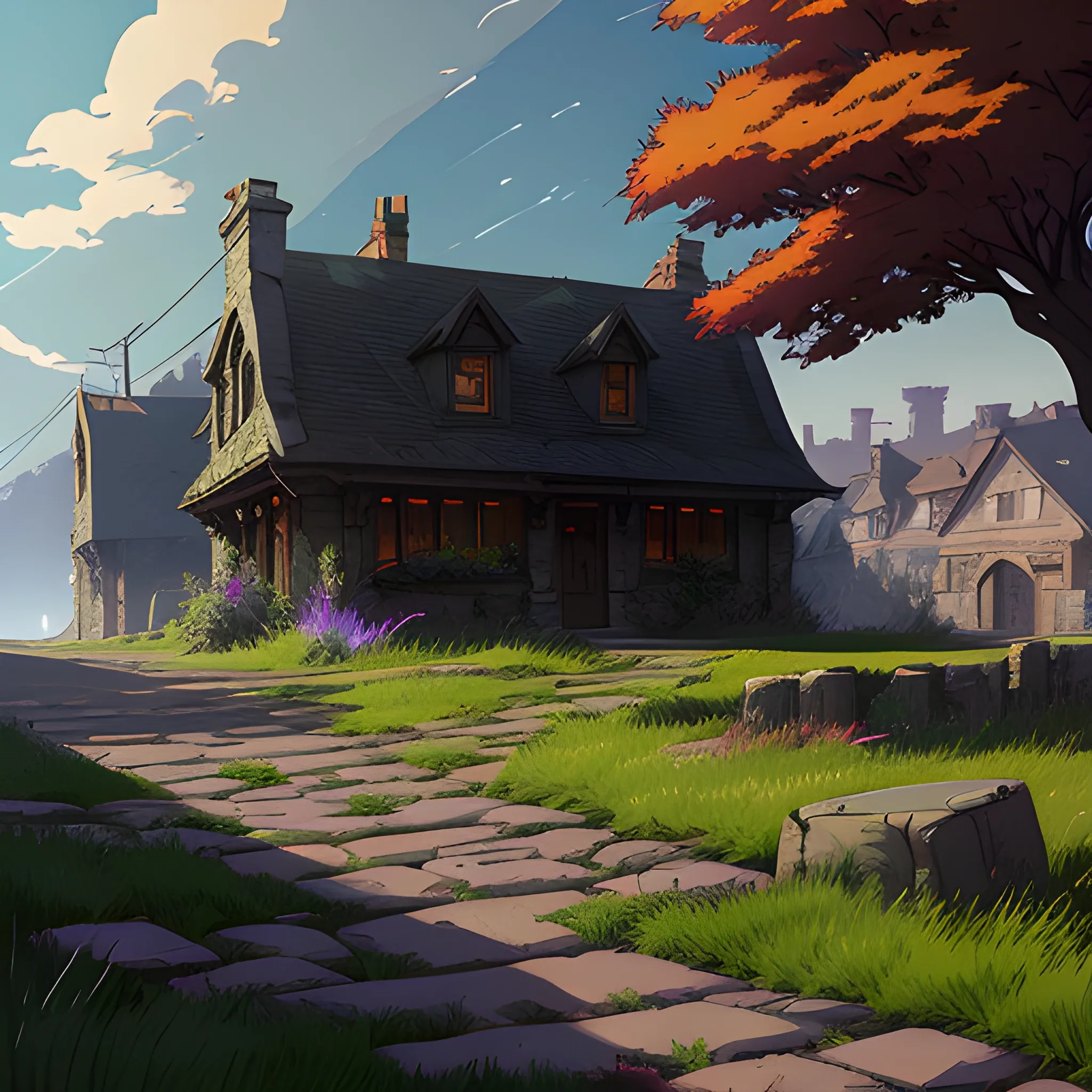 small alley with stones, grass, debris, old houses and old cars... in the style of makoto shinkai and greg rutkowski and albert bierstadt and james gurney, Cartoon