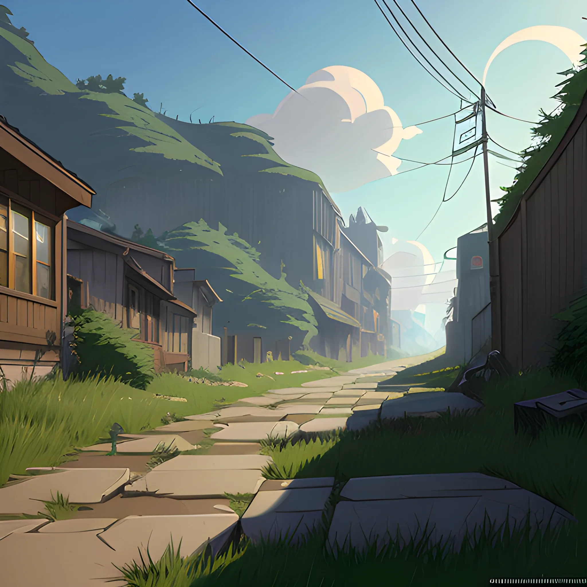 small alley grass, debris... in the style of makoto shinkai and greg rutkowski and albert bierstadt and james gurney, Cartoon