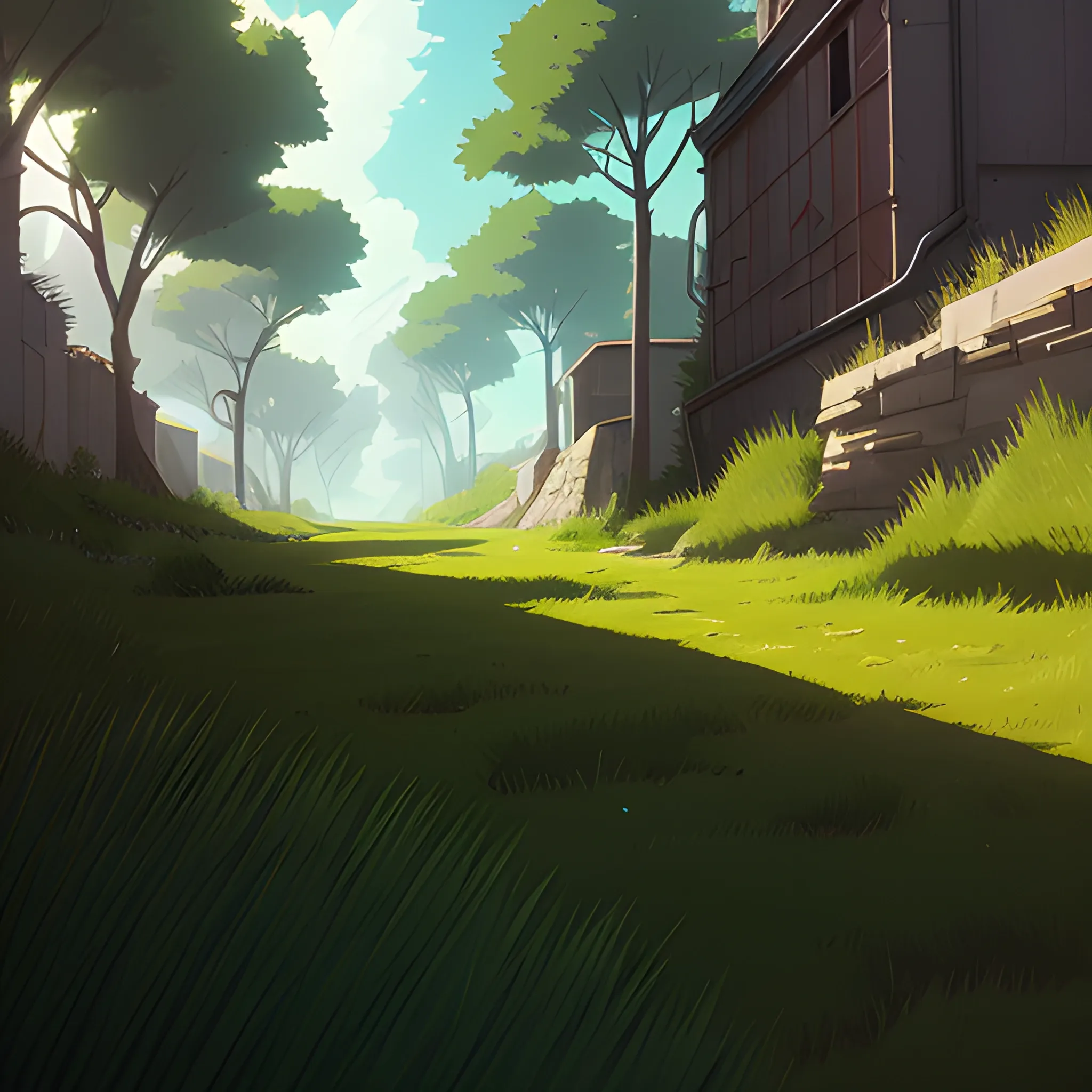 small alley grass, debris... in the style of makoto shinkai and greg rutkowski and albert bierstadt and james gurney, Cartoon