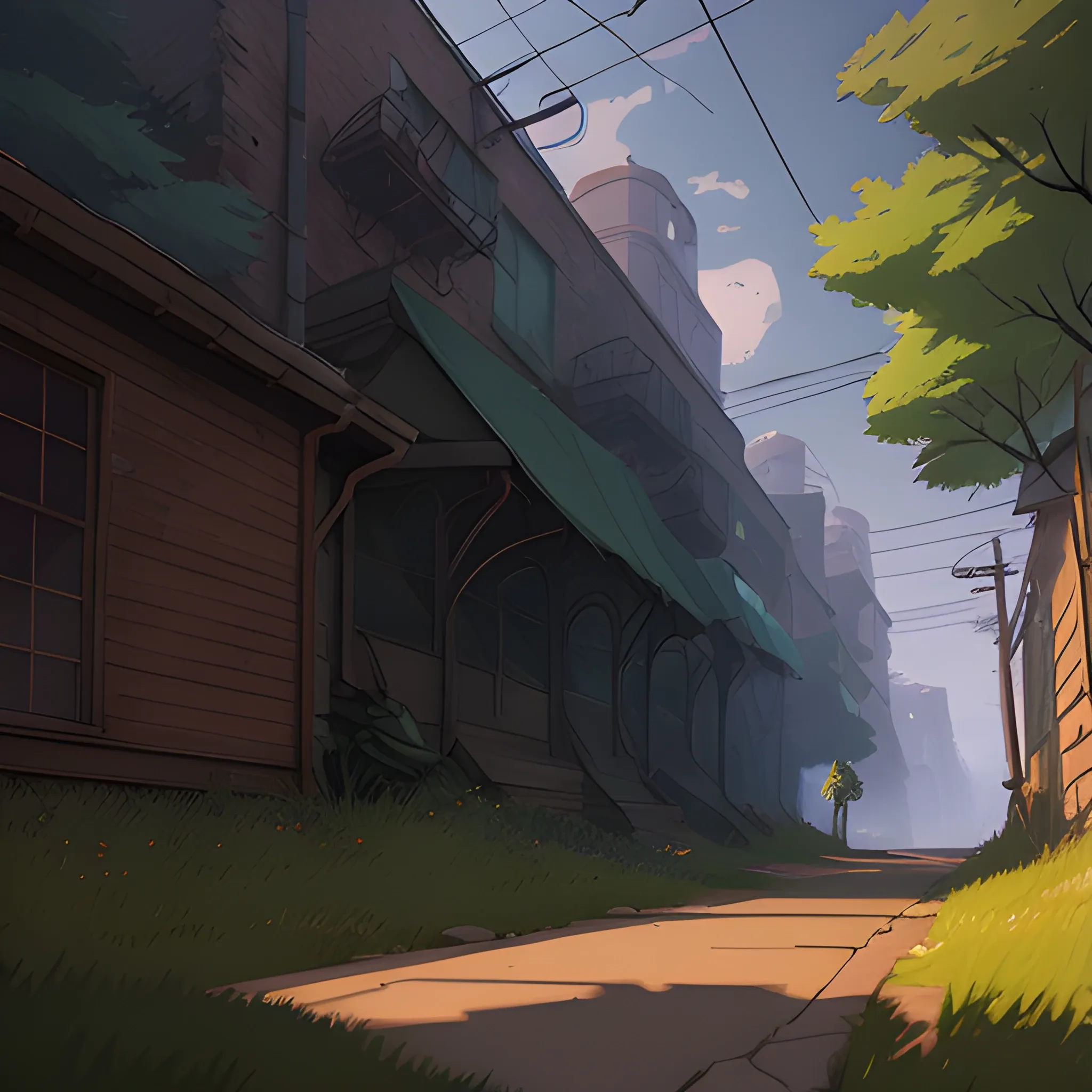 small alley grass, debris... in the style of makoto shinkai and greg rutkowski and albert bierstadt and james gurney, Cartoon