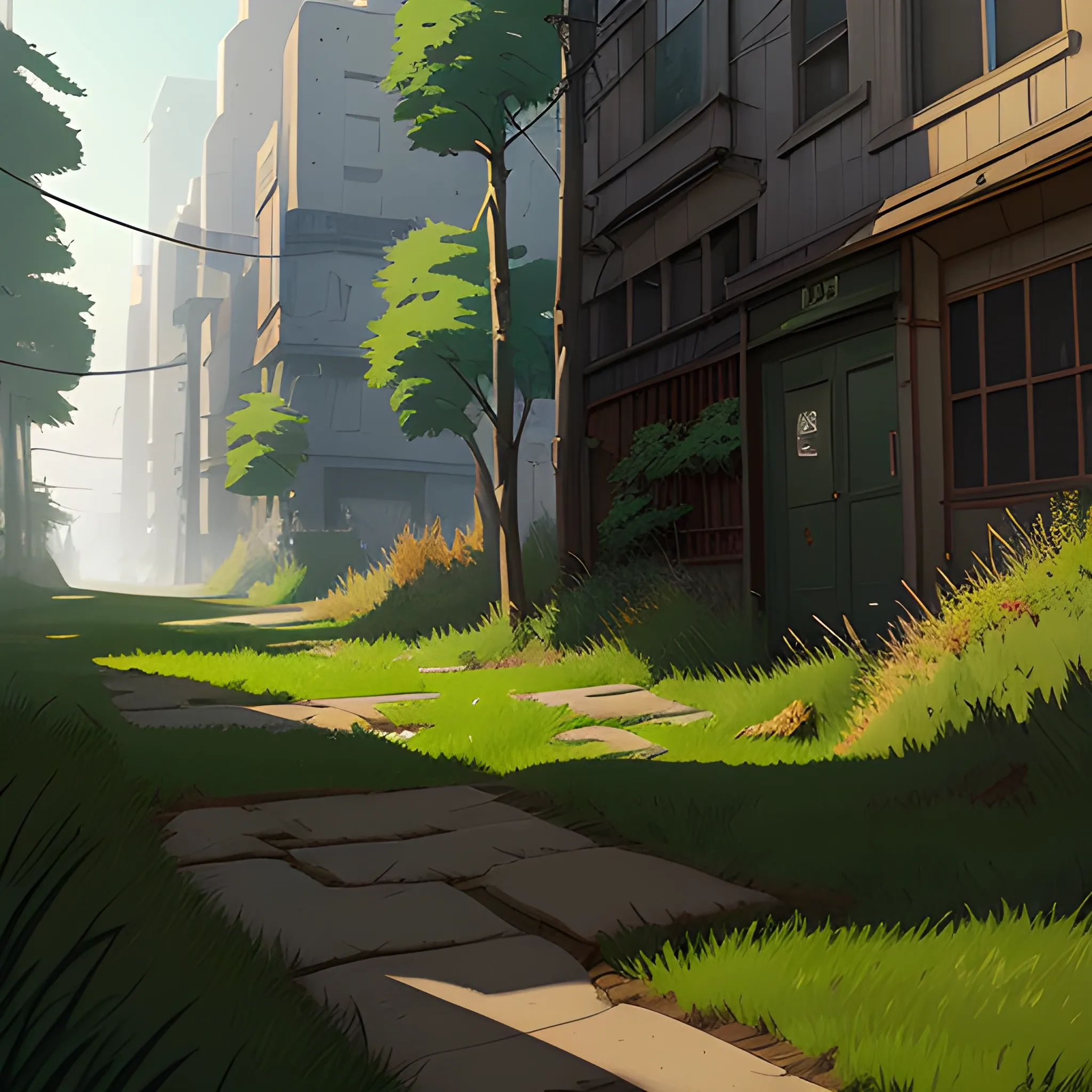 small alley grass, debris... in the style of makoto shinkai and greg rutkowski and albert bierstadt and james gurney, Cartoon