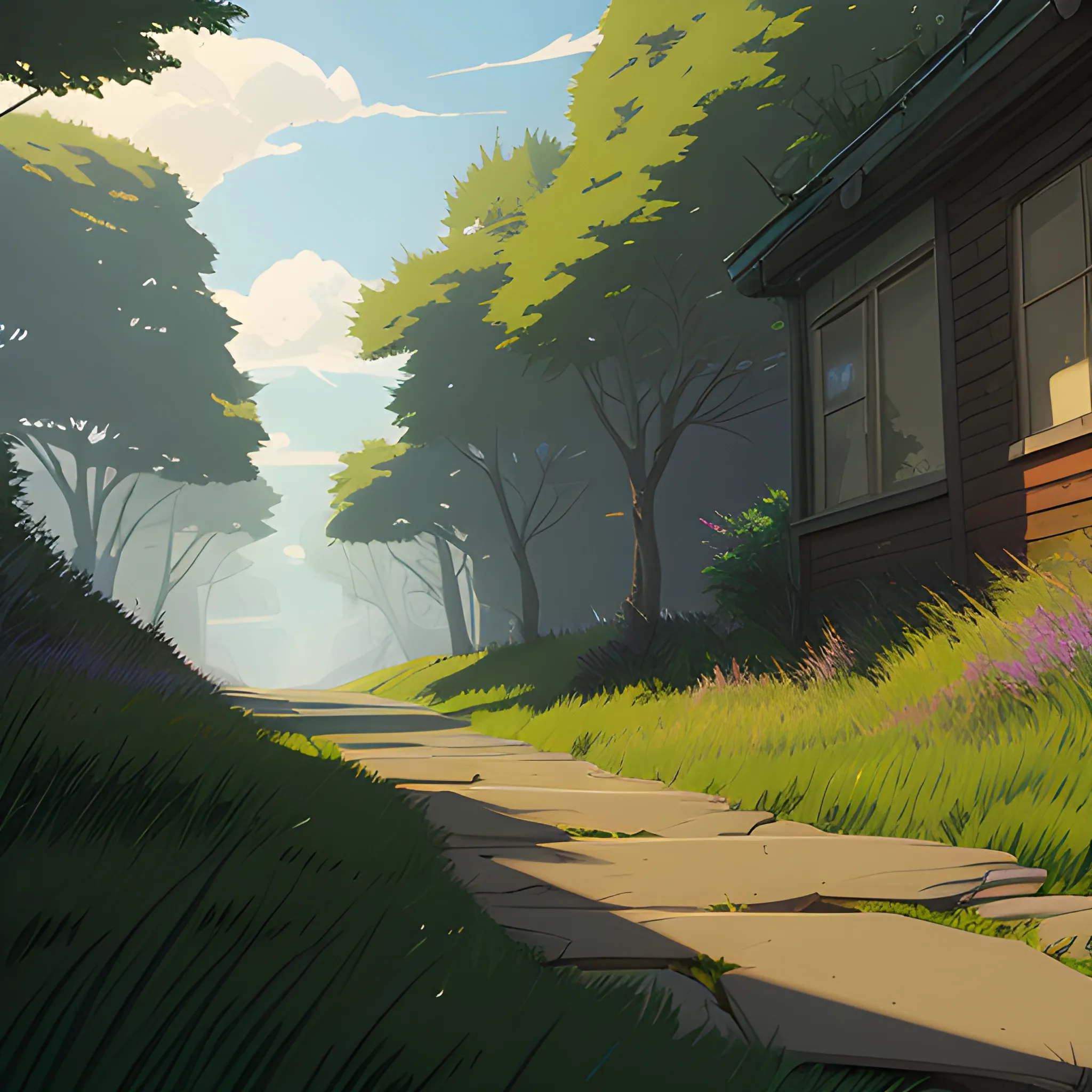 small alley grass, debris... in the style of makoto shinkai and greg rutkowski and albert bierstadt and james gurney, Cartoon