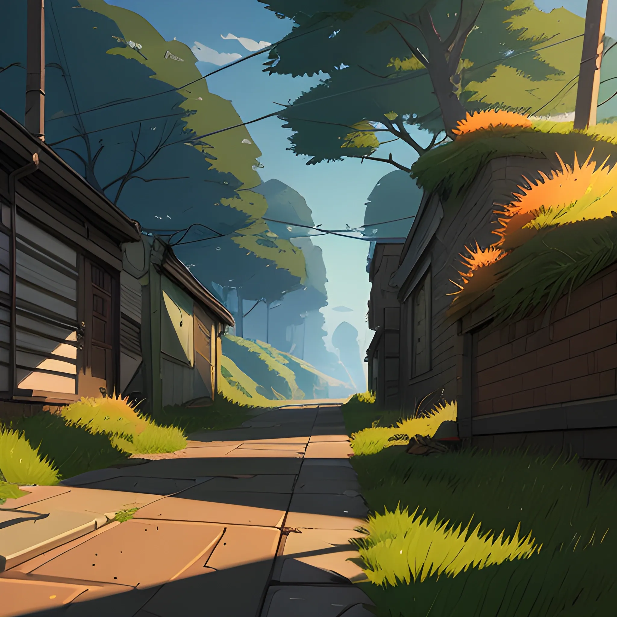 small alley grass, debris... in the style of makoto shinkai and greg rutkowski and albert bierstadt and james gurney, Cartoon