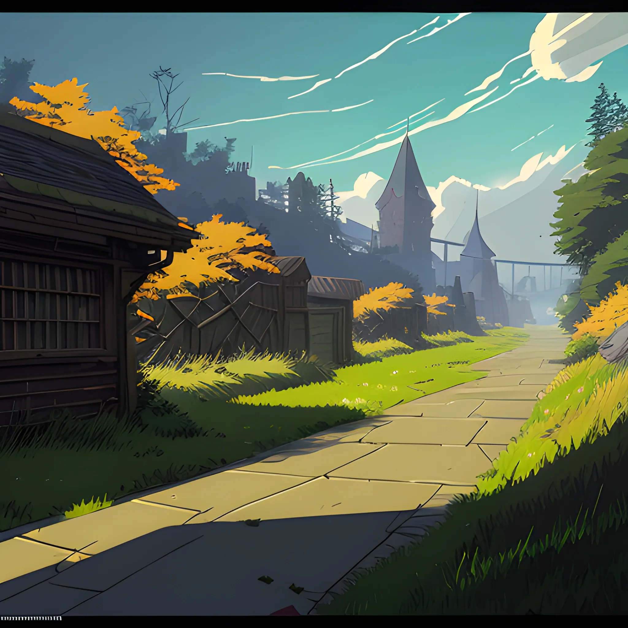 small alley grass, debris... in the style of makoto shinkai and greg rutkowski and albert bierstadt and james gurney, Cartoon