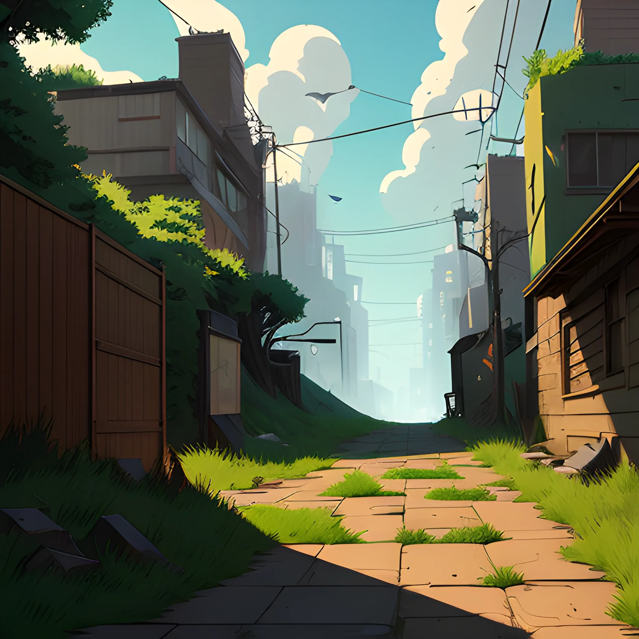 small alley grass, debris... in the style of makoto shinkai and greg rutkowski and albert bierstadt and james gurney, Cartoon