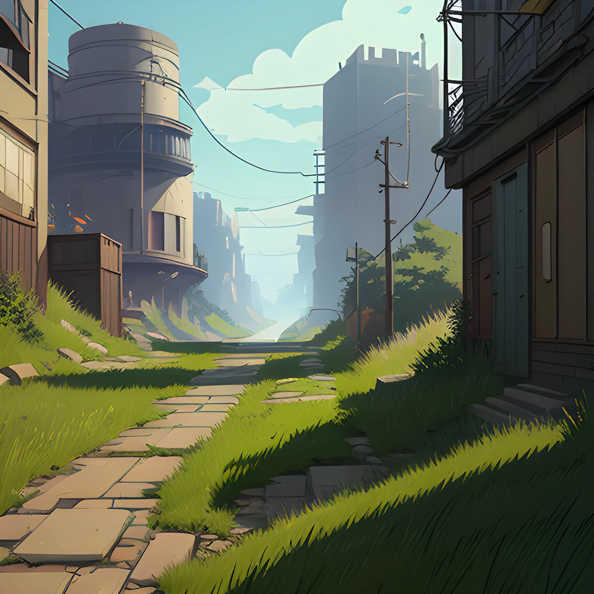 small alley grass, debris... in the style of makoto shinkai and greg rutkowski and albert bierstadt and james gurney, Cartoon