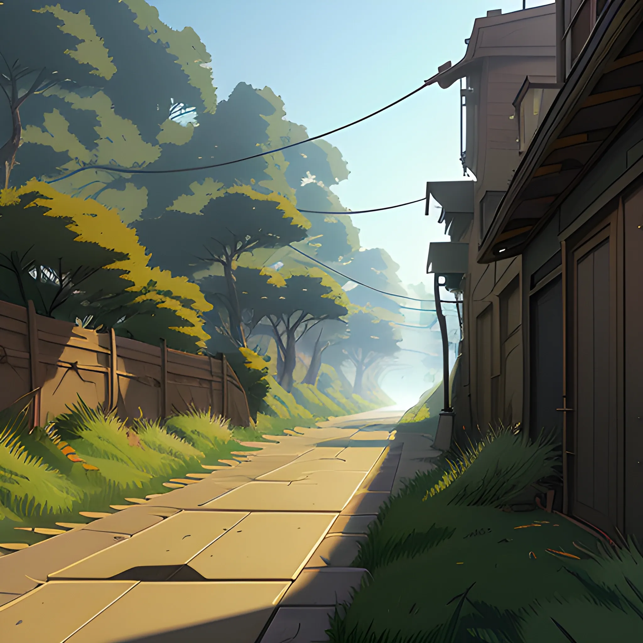 small alley grass, debris... in the style of makoto shinkai and greg rutkowski and albert bierstadt and james gurney, Cartoon