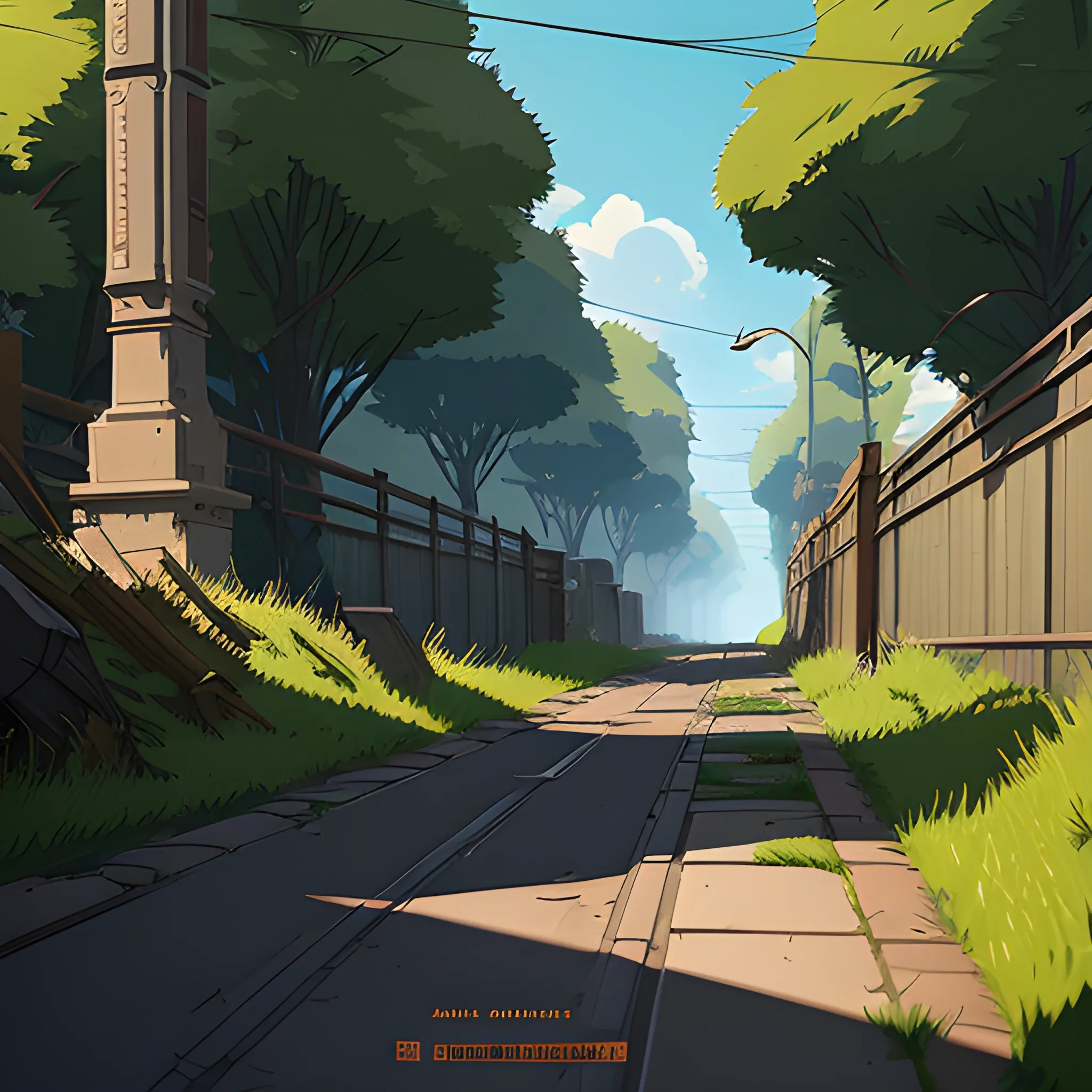 small alley grass, debris... in the style of makoto shinkai and greg rutkowski and albert bierstadt and james gurney, Cartoon