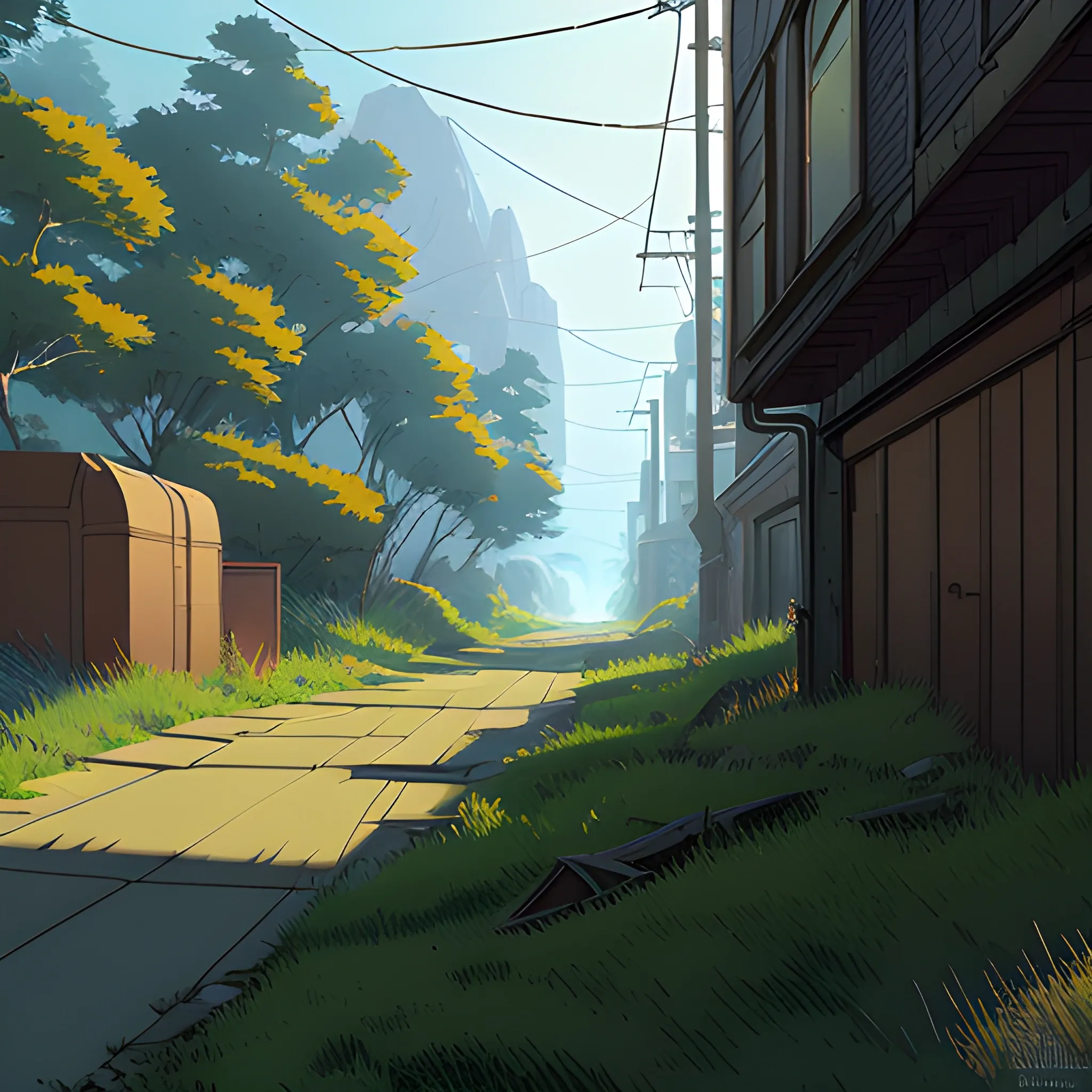 small alley grass, debris... in the style of makoto shinkai and greg rutkowski and albert bierstadt and james gurney, Cartoon