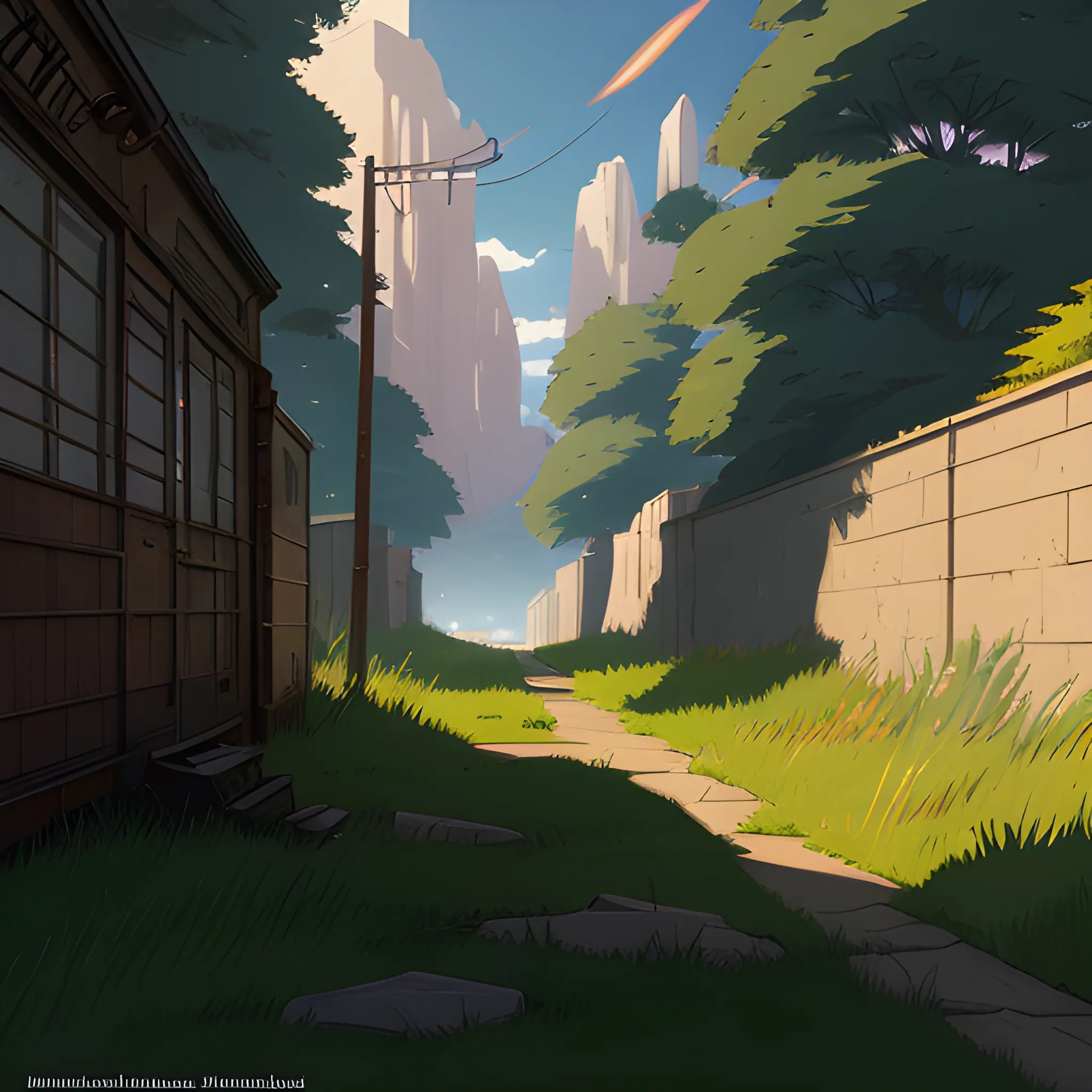 small alley grass, debris... in the style of makoto shinkai and greg rutkowski and albert bierstadt and james gurney, Cartoon