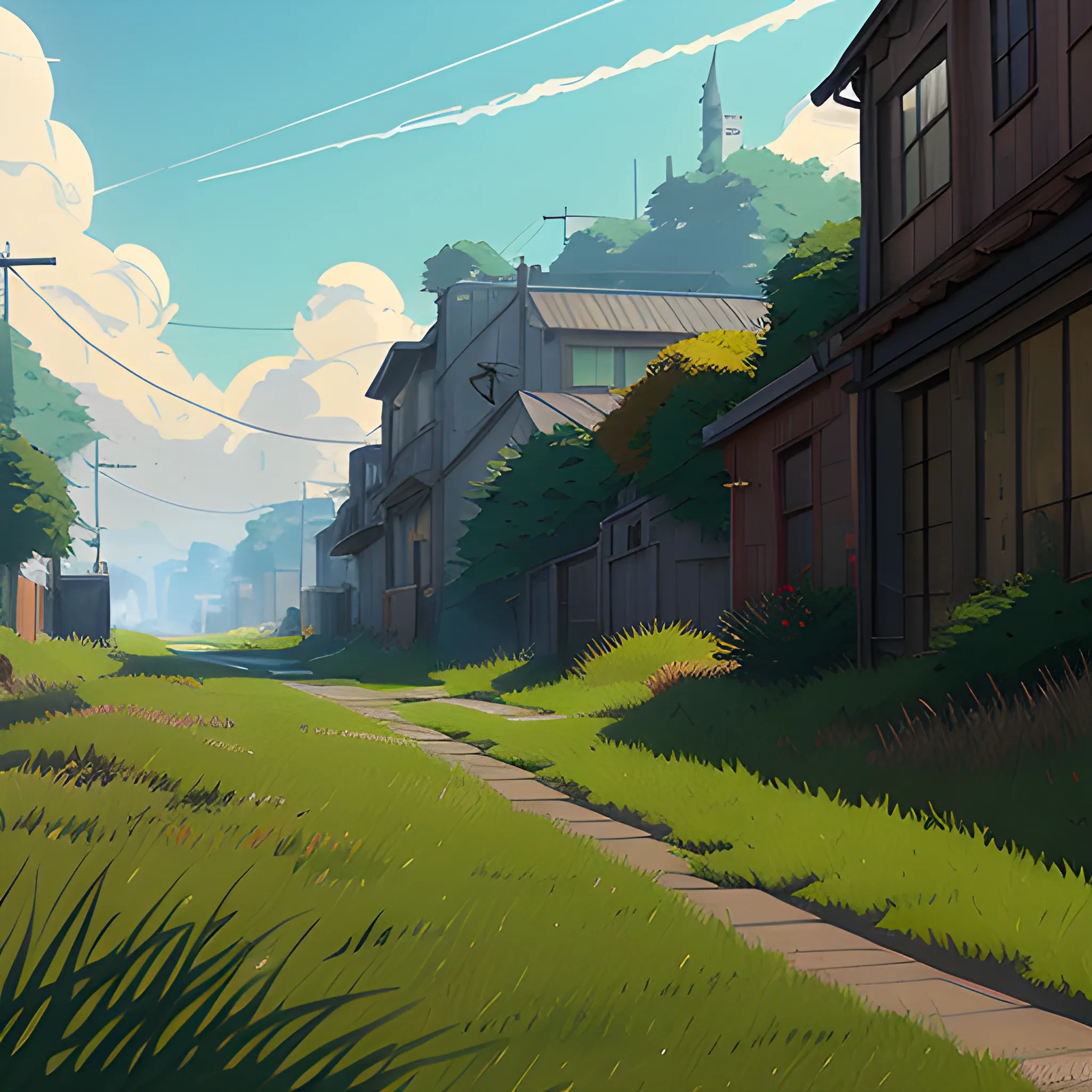 small alley grass, debris... in the style of makoto shinkai and greg rutkowski and albert bierstadt and james gurney, Cartoon