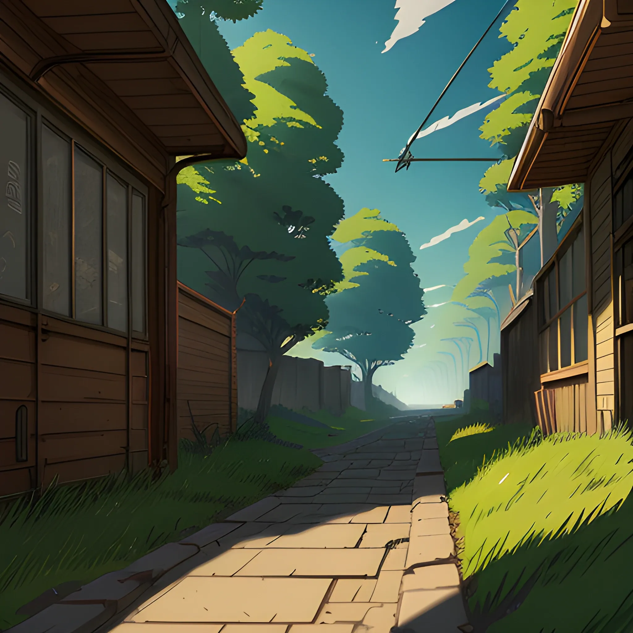 small alley grass, debris... in the style of makoto shinkai and greg rutkowski and albert bierstadt and james gurney, Cartoon